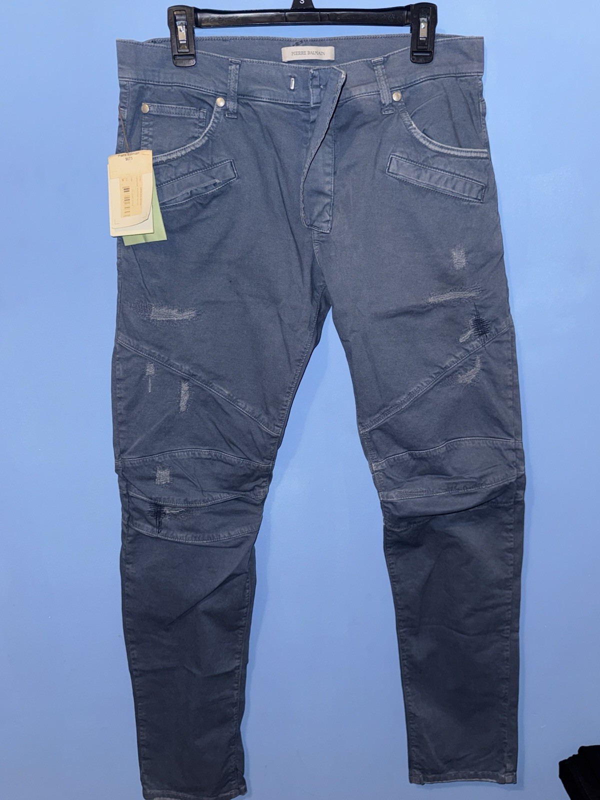 Pierre Balmain Men\'s Moto Skinny Jeans Distressed Blue Denim, Size 34x33 NWT￼