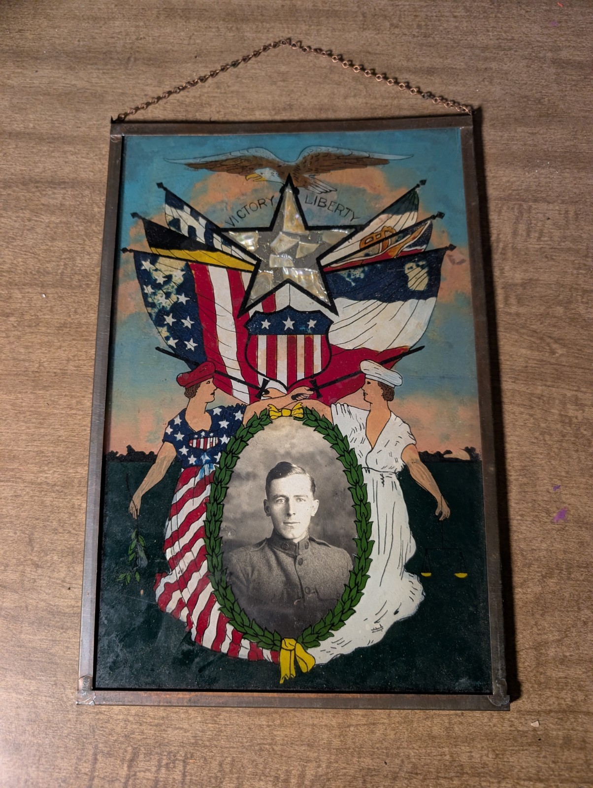 Antique WWI Reverse Painted Glass Soldier Memorial Picture Frame Liberty Victory Antique WWI Reverse Painted Glass Soldier Memorial Picture Frame Liberty Victory