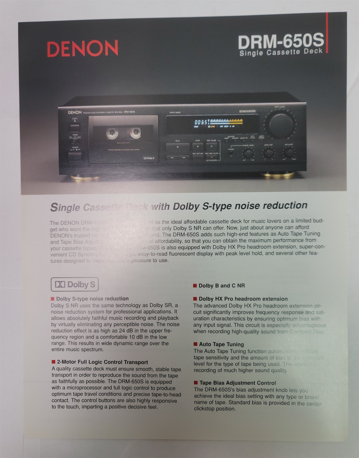 1990\'s Denon DRM-650S Single Cassette Deck Brochure & Specs, Dolby S-type