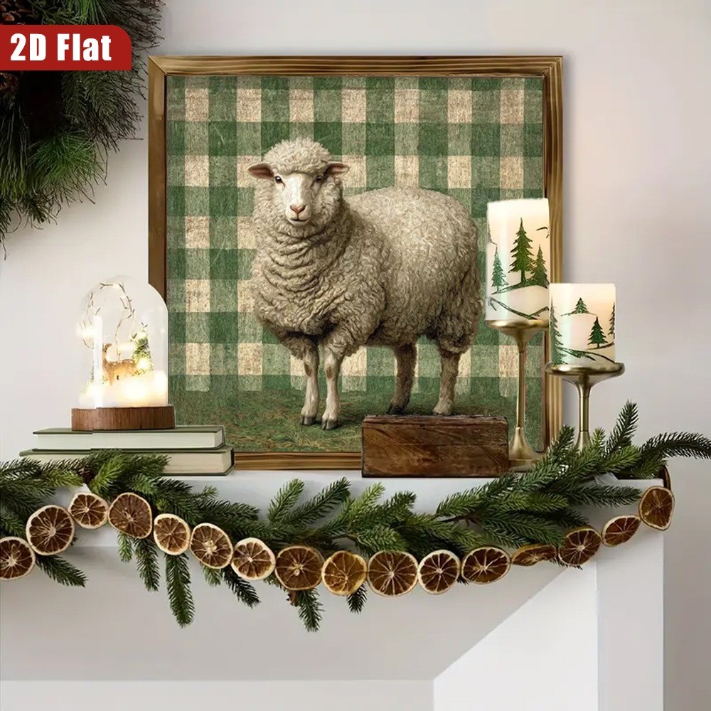 Farm Sheep Vintage Green Check Wooden Sign Rustic Country Farm Animal Decor Gift