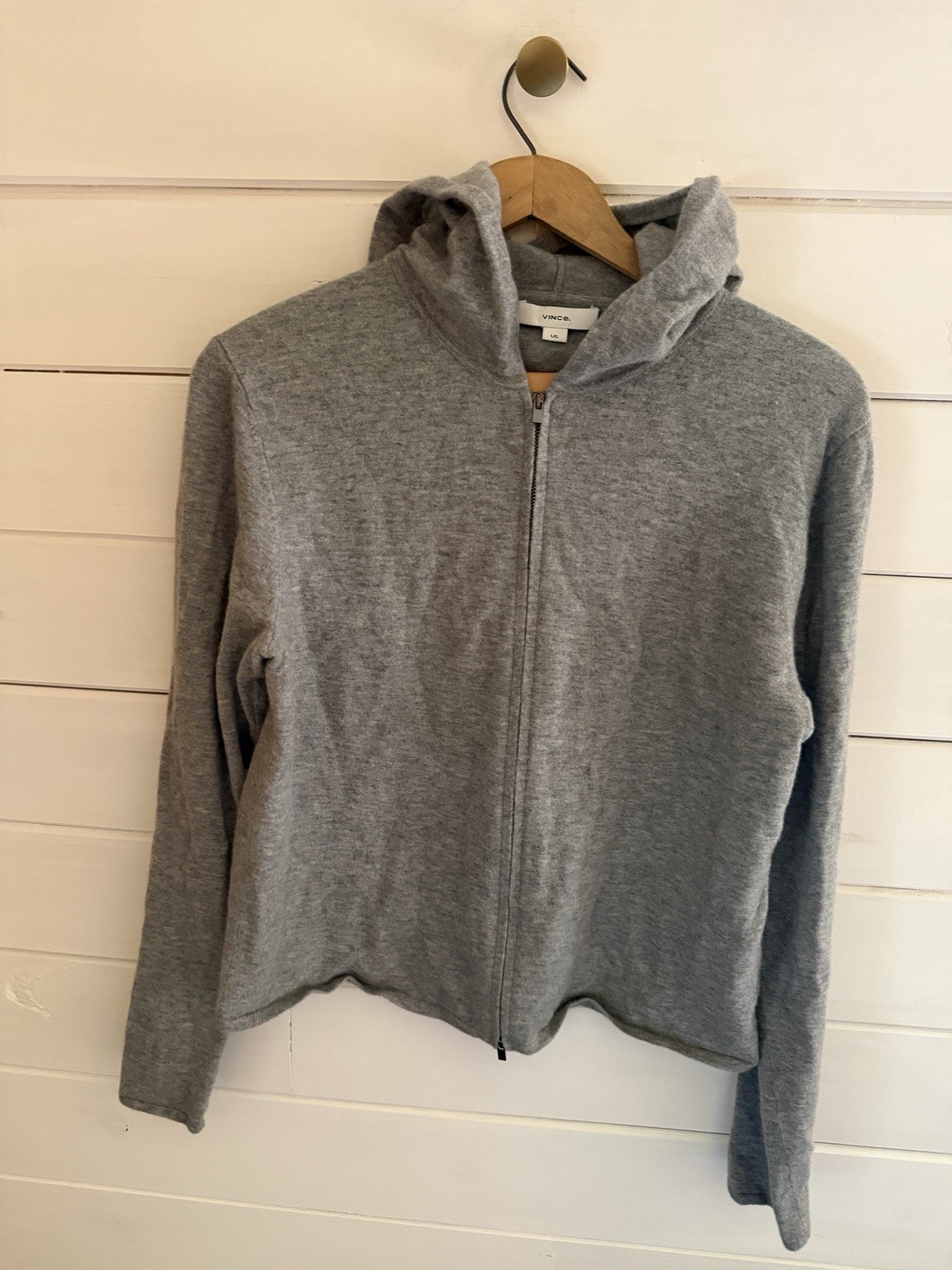 VINCE.  Wool & Cashmere Full Zip Knit Hoodie Sweater Sz LARGE Heather Gray Cozy