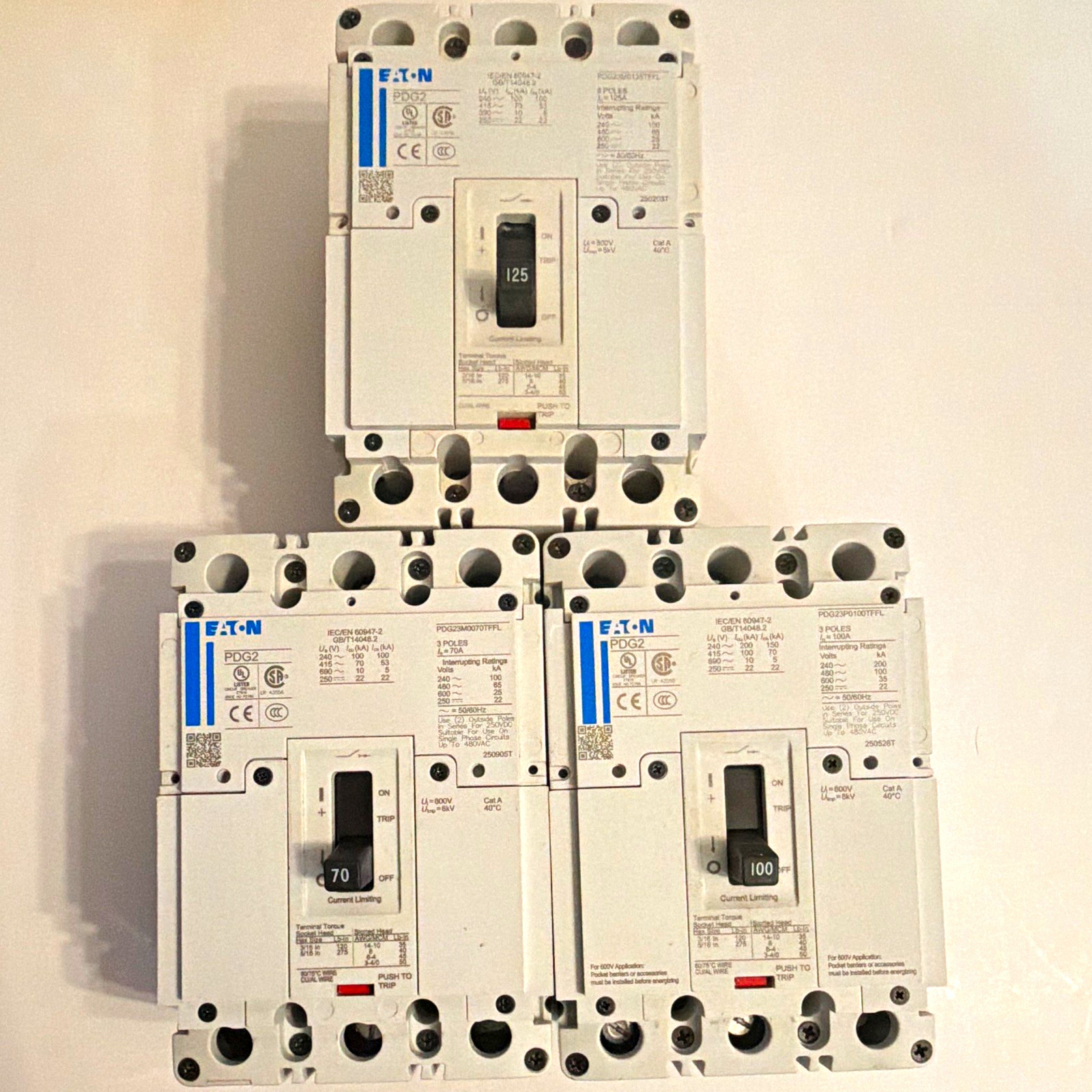 Eaton Power Defense PDG2 Breaker Bulk Lot 57pc 70A 100A 125A 3-Pole Eaton Power Defense PDG2 Breaker Bulk Lot 57pc 70A 100A 125A 3-Pole
