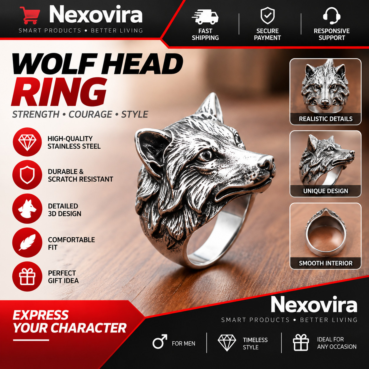 Men\'s Wolf Ring 316L Stainless Steel Viking Gothic Biker Punk Silver Size 7-12