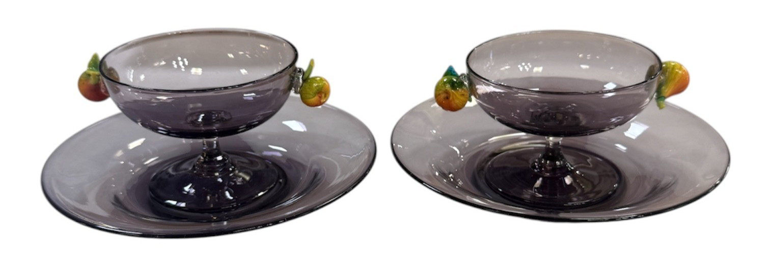 VENETIAN MURANO AMETHYST PAIR OF FINGER BOWLS WITH APPLIED FRUITS PEARS VENETIAN MURANO AMETHYST PAIR OF FINGER BOWLS WITH APPLIED FRUITS PEARS
