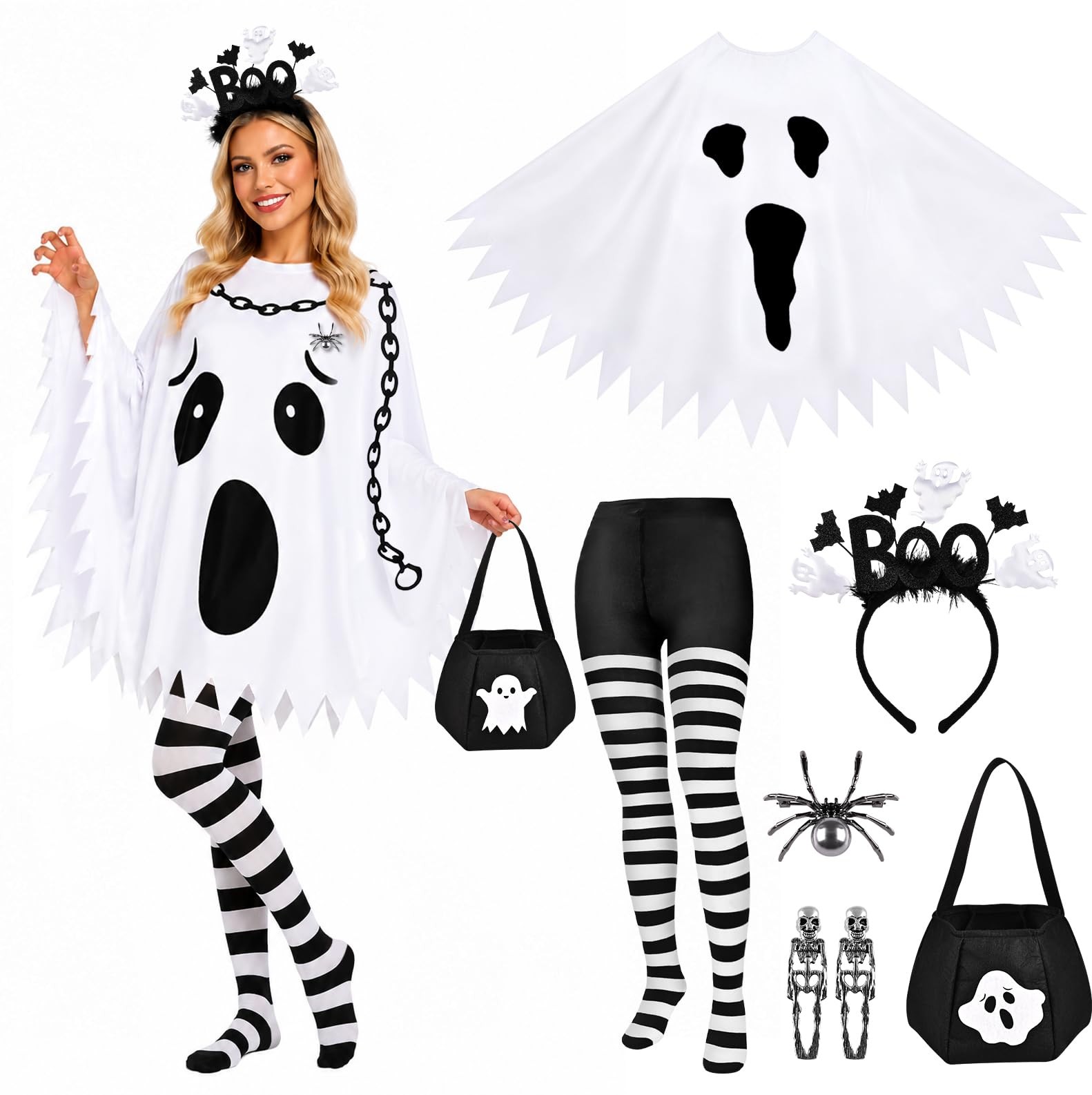 NatuBeau 6PCS Ghost Costume Set Adult Double-Sided Poncho Halloween