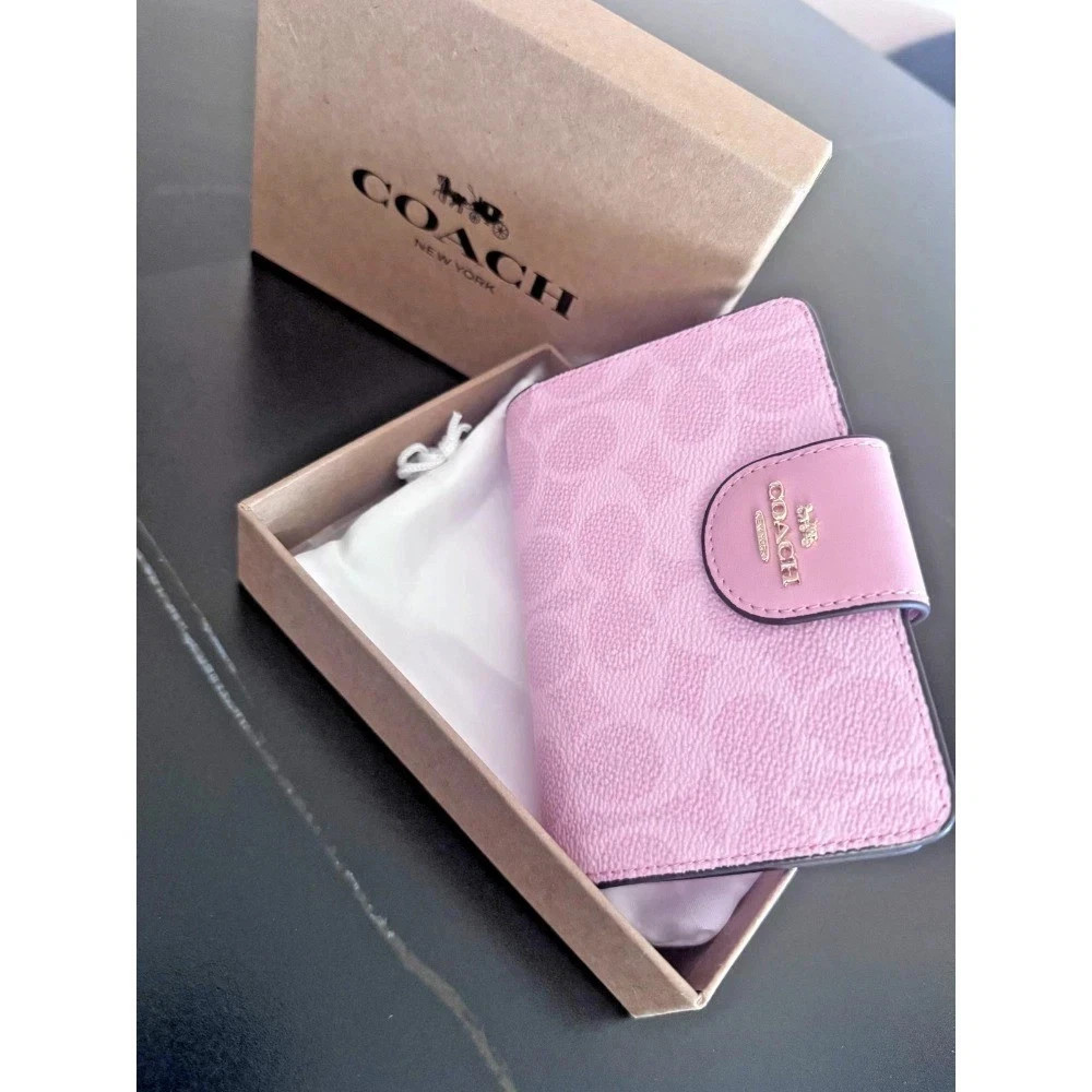 New Coach Medium Corner Zip Wallet In Signature Canvas Pink CW786 With Box New Coach Medium Corner Zip Wallet In Signature Canvas Pink CW786 With Box