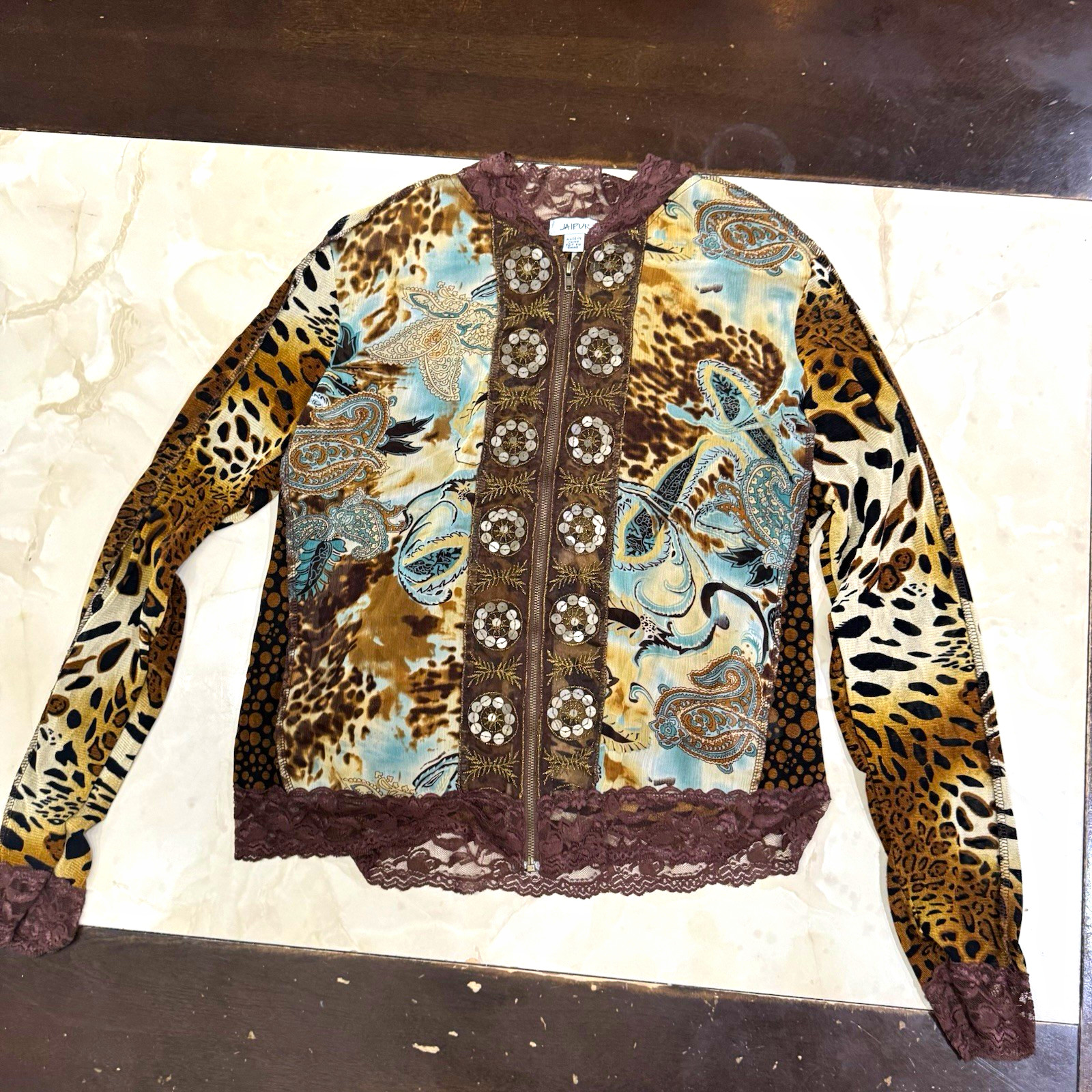JAIPUR Women\'s M Zip Front Leopard Print Short Jacket Lace Trim Sequin Accents JAIPUR Women\'s M Zip Front Leopard Print Short Jacket Lace Trim Sequin Accents