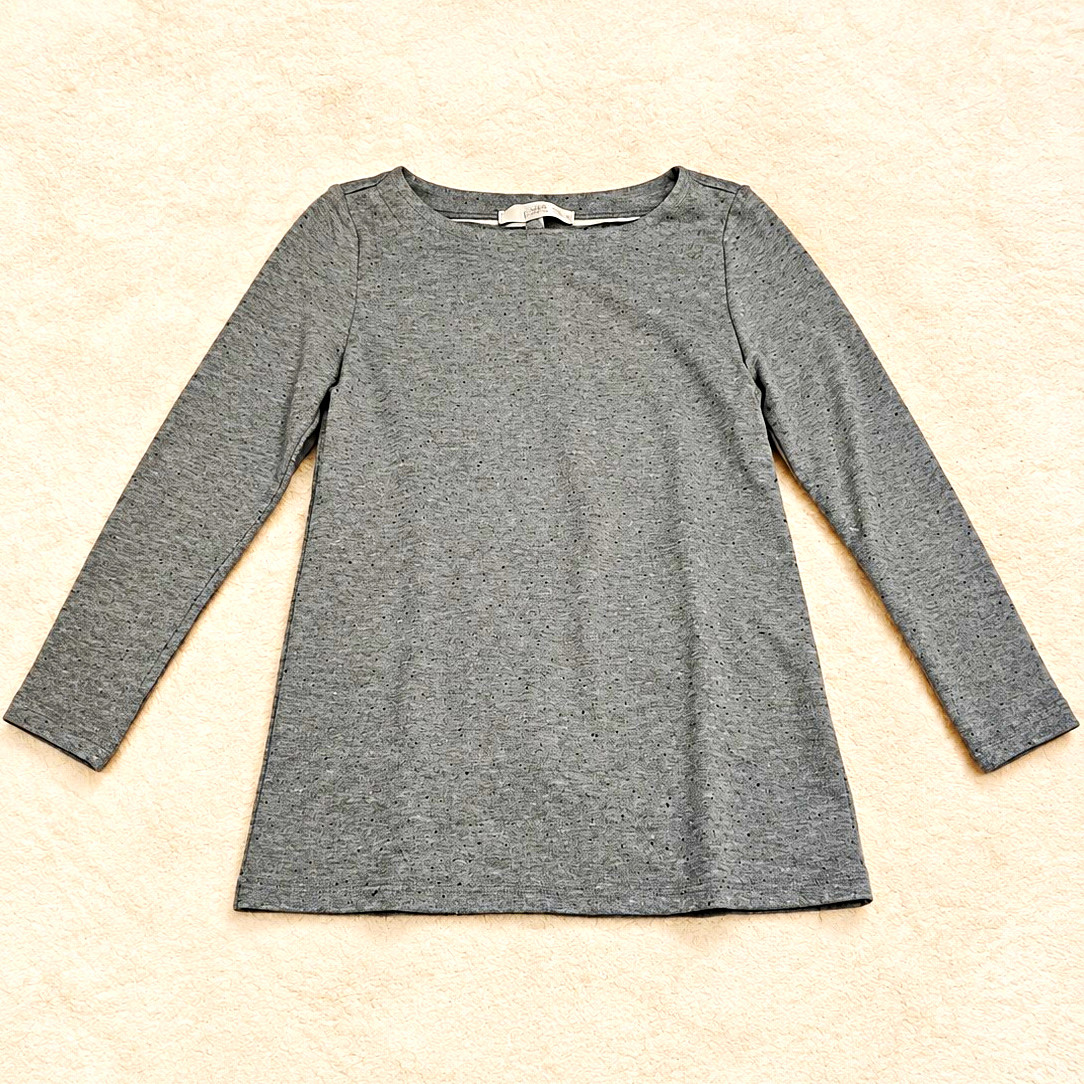 LOFT Petites Womens Gray Cotton Knit Long Sleeve Round Neck Top PXS NWT MSRP $54