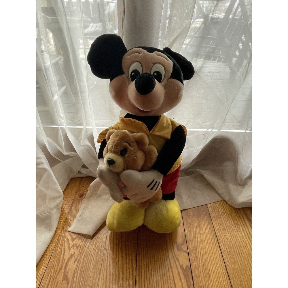 Vintage Disneyland Disney Mickey Mouse Stuffed Doll Holding Teddy Bear 16in.