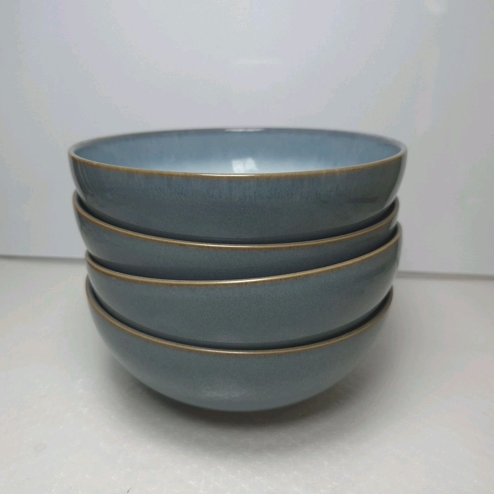(4) Denby Azure Haze Turquoise Blue Rim Brown Trim Cereal Bowl 6.5\