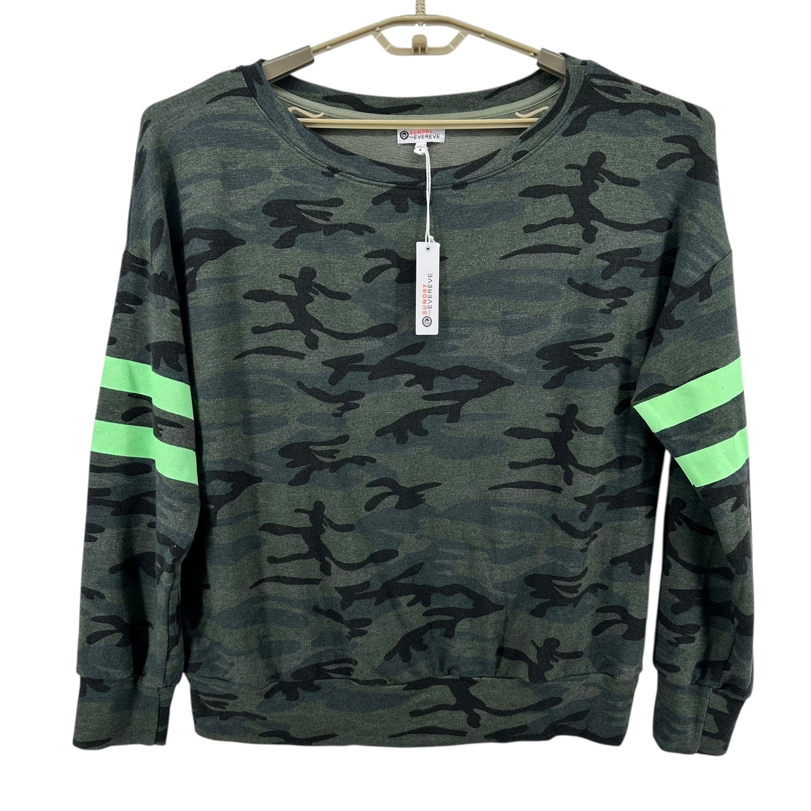 SUNDRY Size XL/14 Camouflage Crew Neck Sweatshirt Green Stripe Long Sleeve NWT