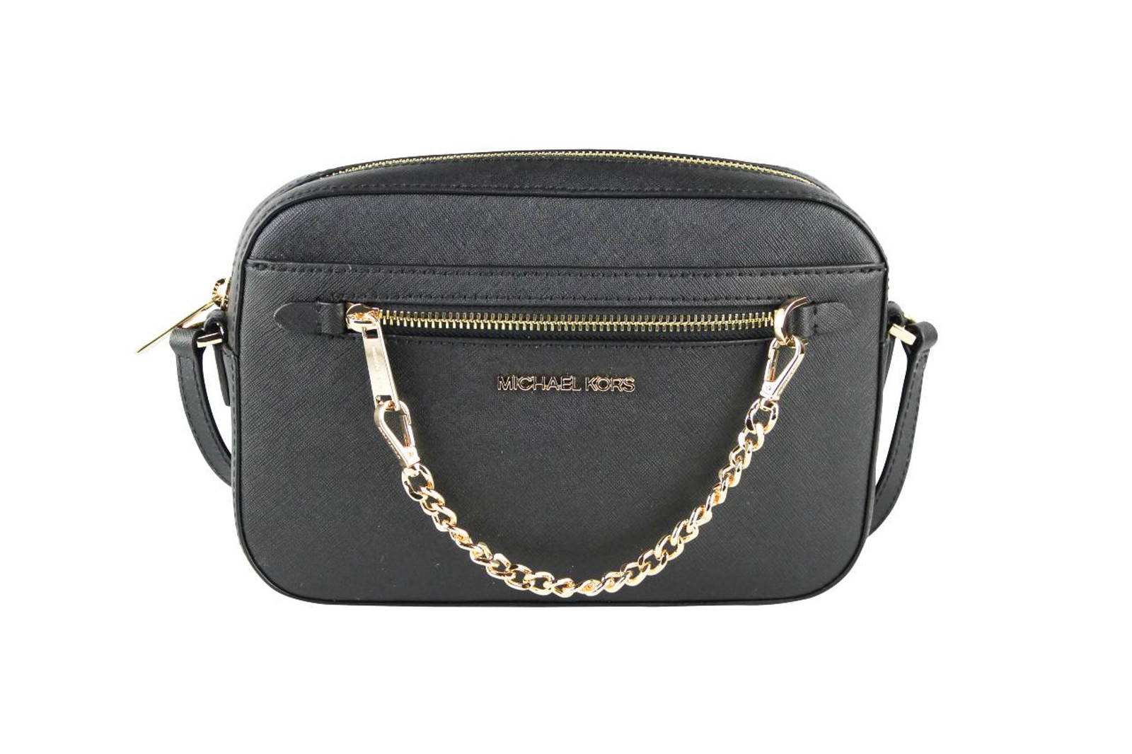 Michael Kors Jet Set East West Black Gold Saffiano Zip Chain Crossbody Handbag