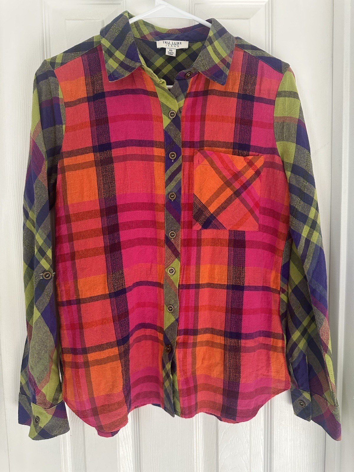 Tru Luxe Jeans-Neon MixedPlaid Button Down Long Sleeve women’s Shirt XS/S