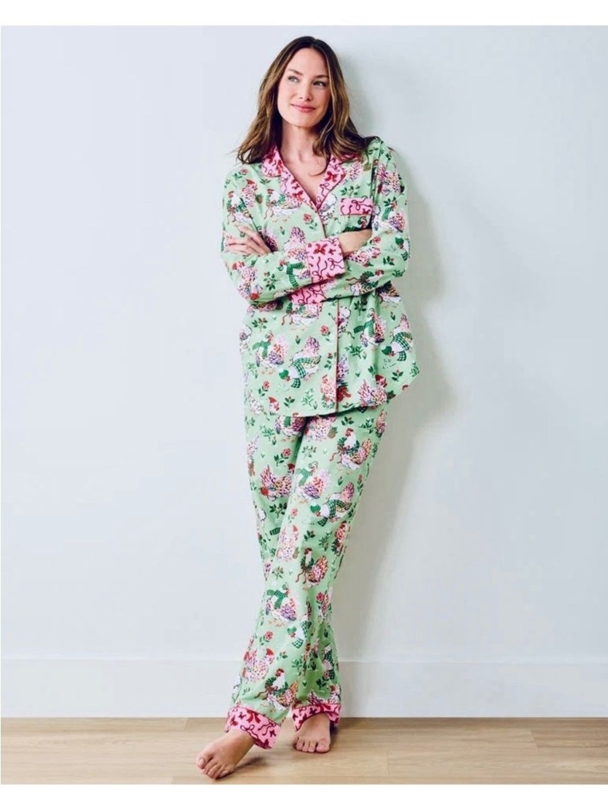 Printfresh Holiday Hens Long Pajama Set Sage Green Pink XS Oversized NWT