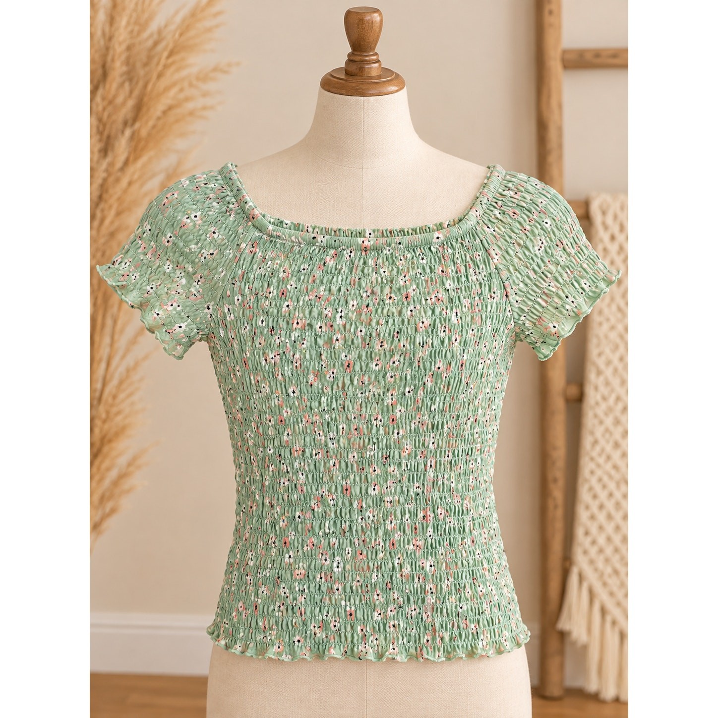 Mint Green Smocked Floral Flutter Sleeve Top Girls Size 8
