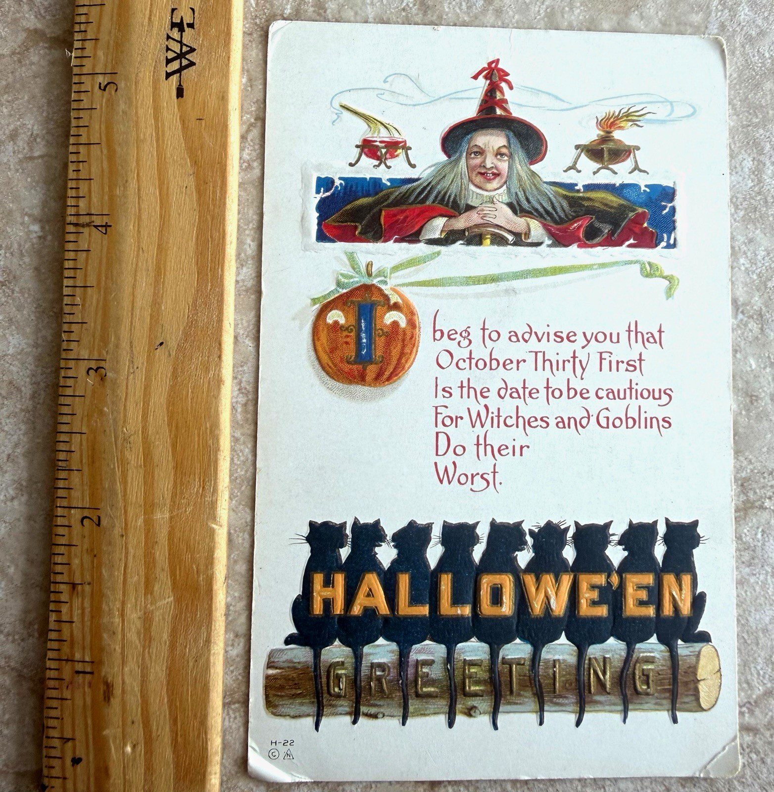 Embossed Halloween Witch & Cats Postcard Multicolor Paper 3.5x5.5 H-22