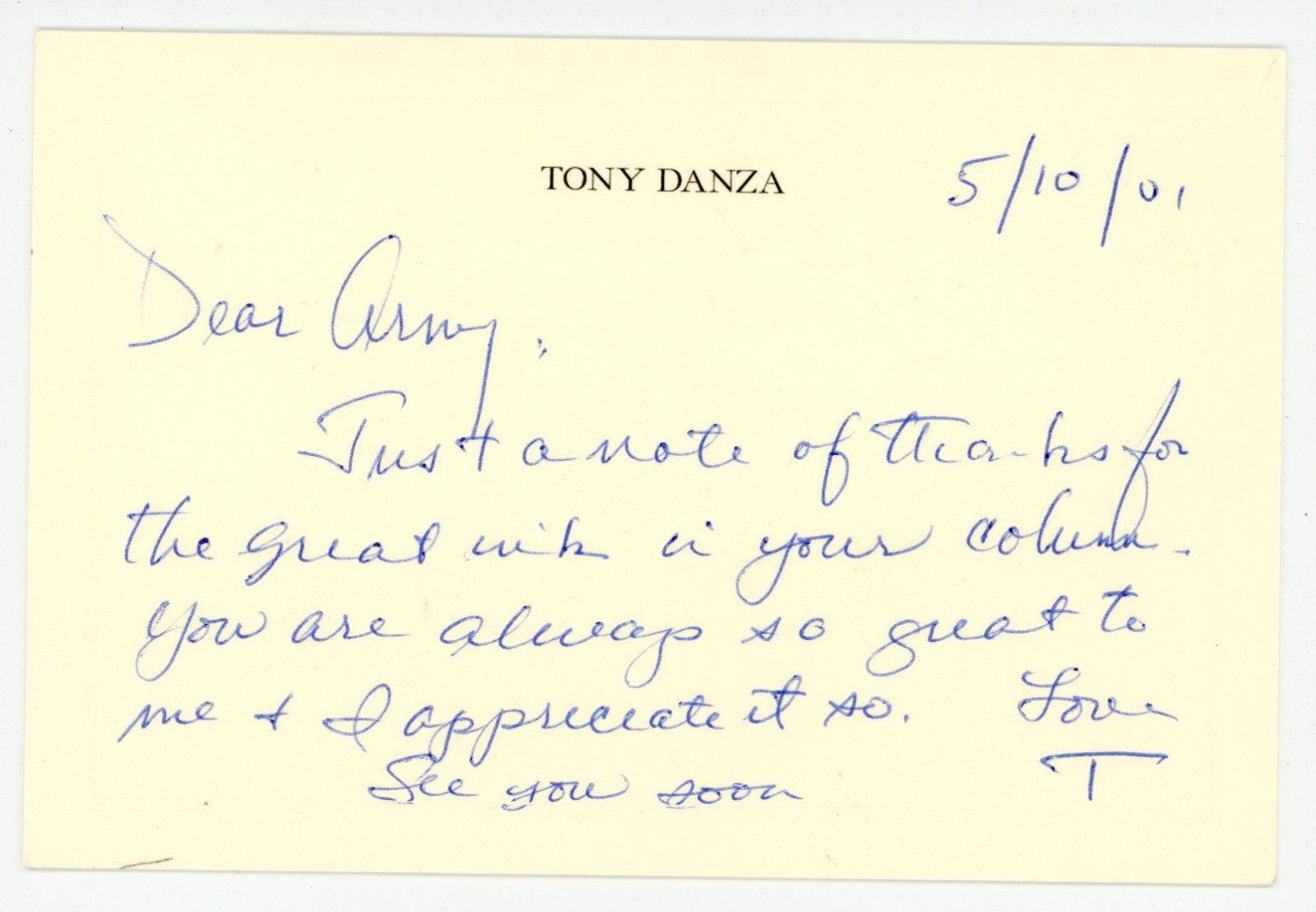 Tony Danza - Initialed & Handwritten Note on Card