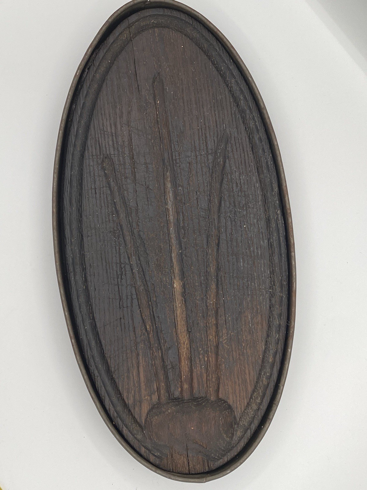Vintage 16” Oval Wood Meat Carving Board Metal Drip Tray Primitive Rustic