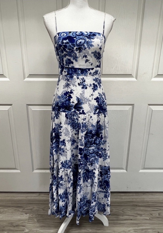 Anthropologie Maeve Drop-Waist Maxi Dress Blue White Floral Size XSP