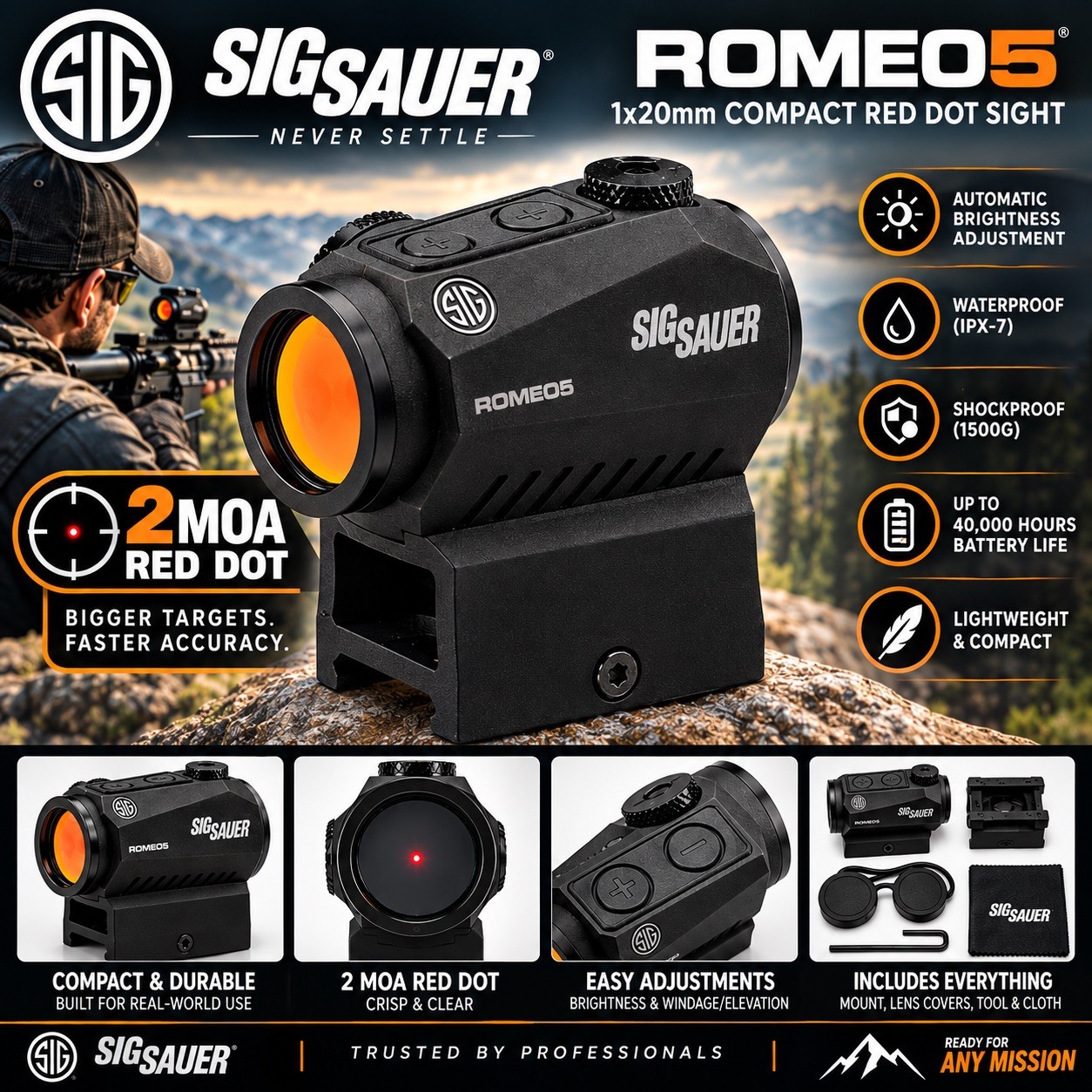Black - Sig Sauer SOR52001 Romeo5 1x20mm Compact 2 Moa Red Dot Sight