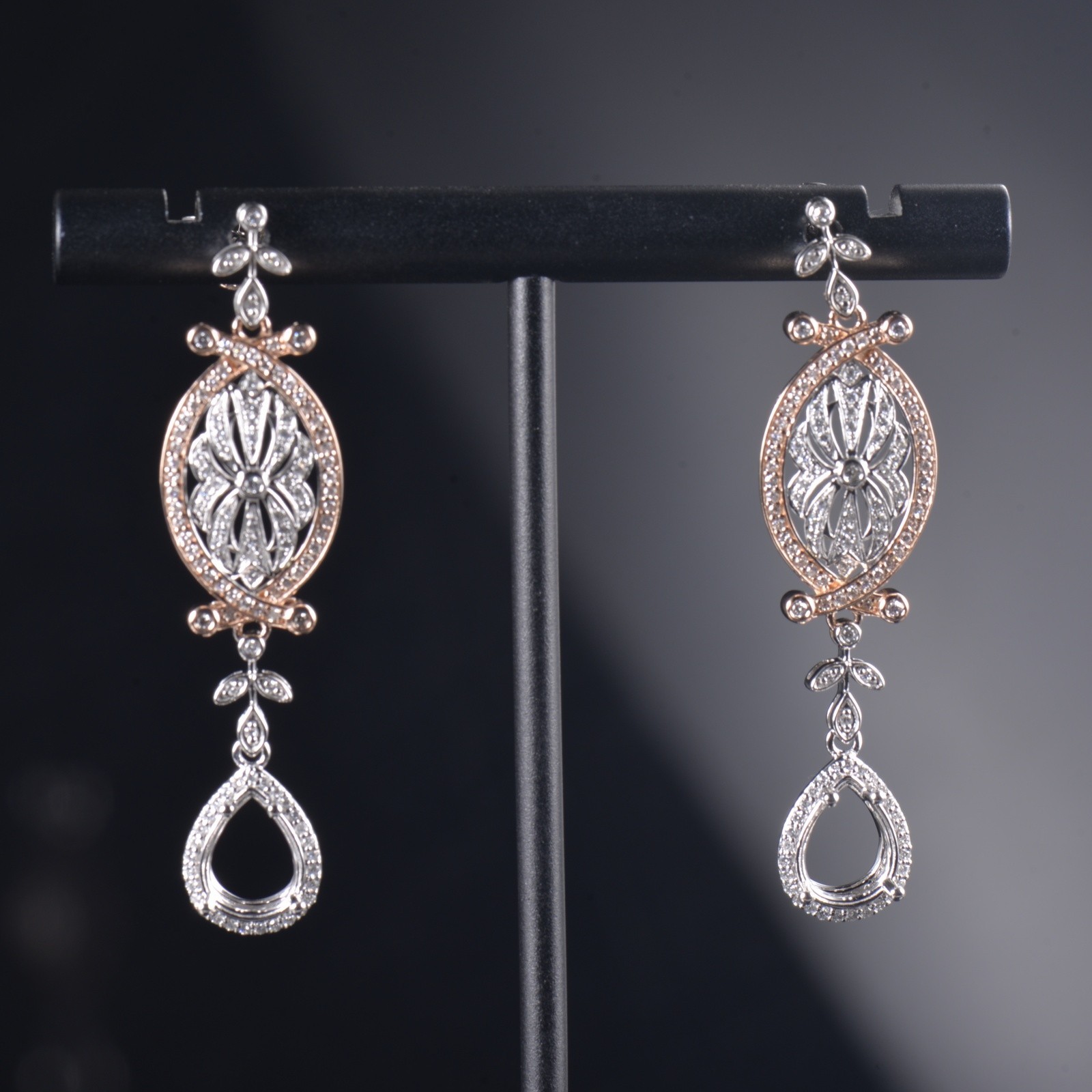 14K Two-Tone Gold Pear 8x6mm Dangle Earring Setting Lab Created Diamond Accents