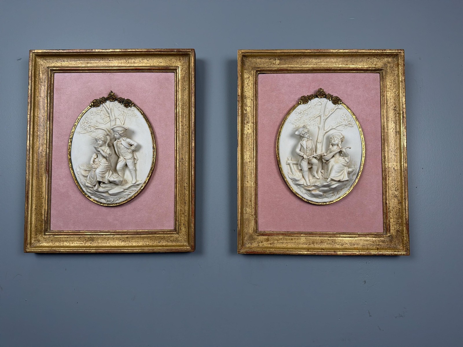 Antique Bisque Porcelain Wall Plaques Pair, French Rococo Gilt Framed Romantic