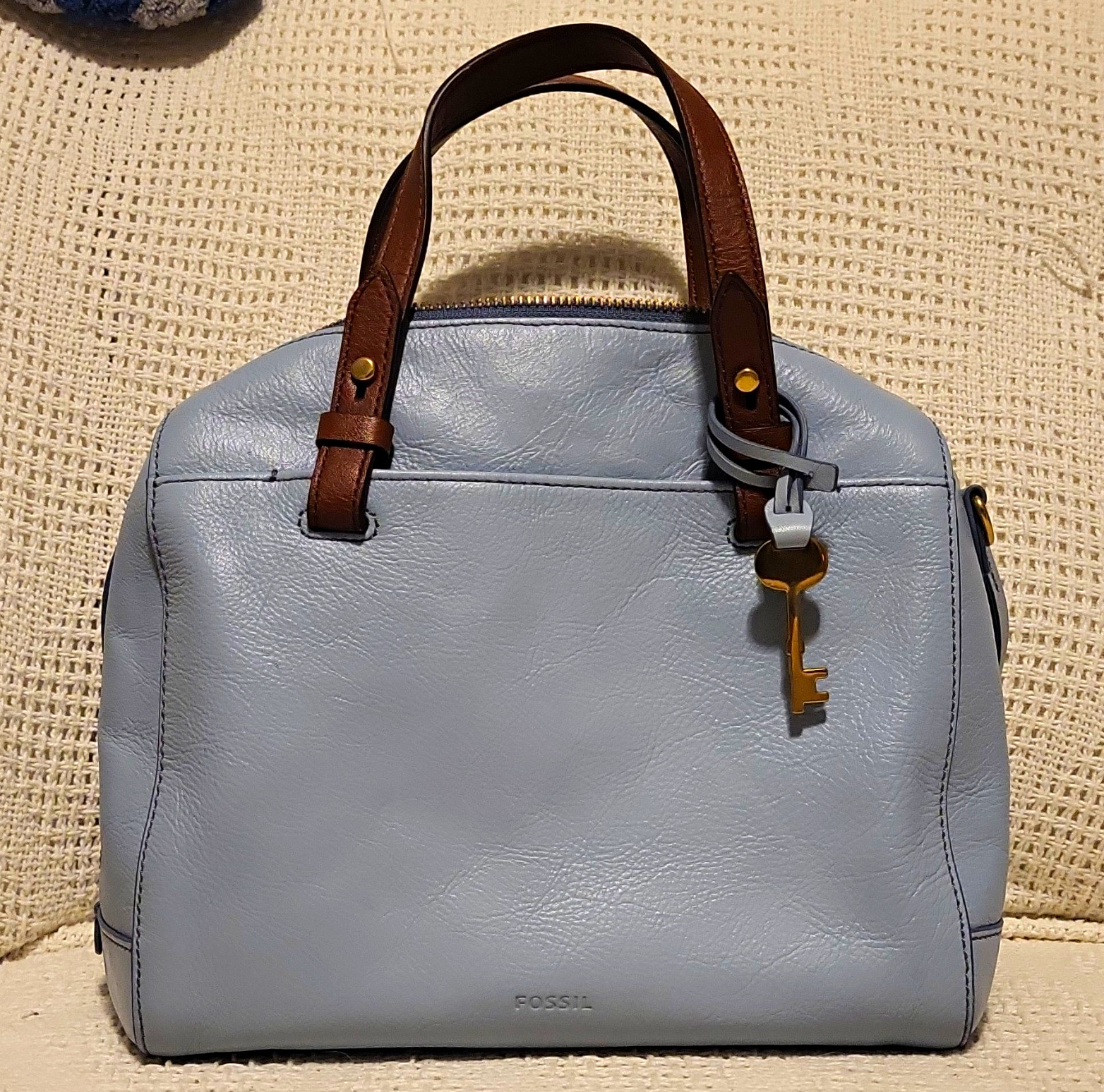 Fossil Rachel Medium Horizon Blue Leather Satchel Top Handle Bag Key Charm 