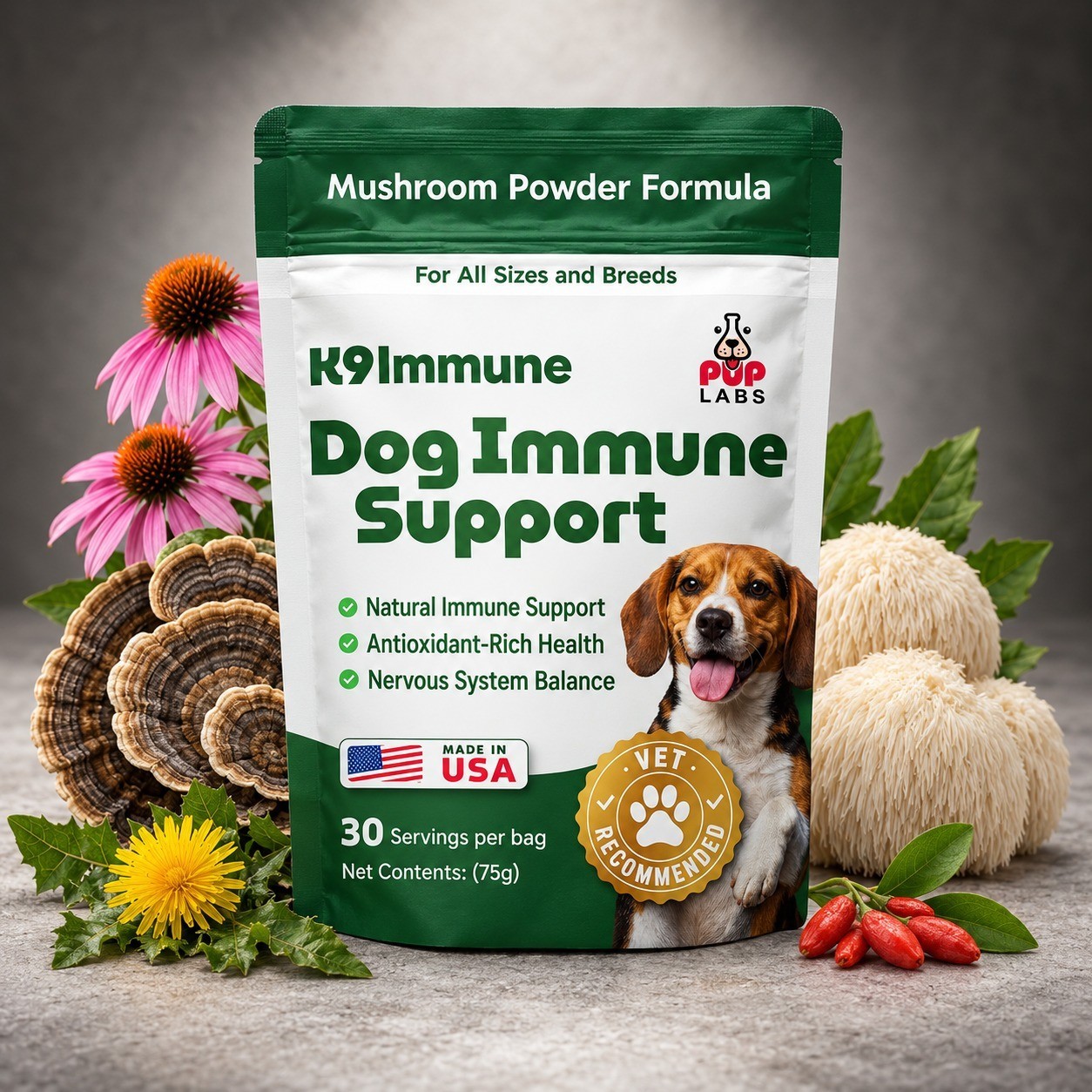 Pup Labs K9 Immune Dog Immune Support Mushroom Powder, 30 Servings, Made in USA