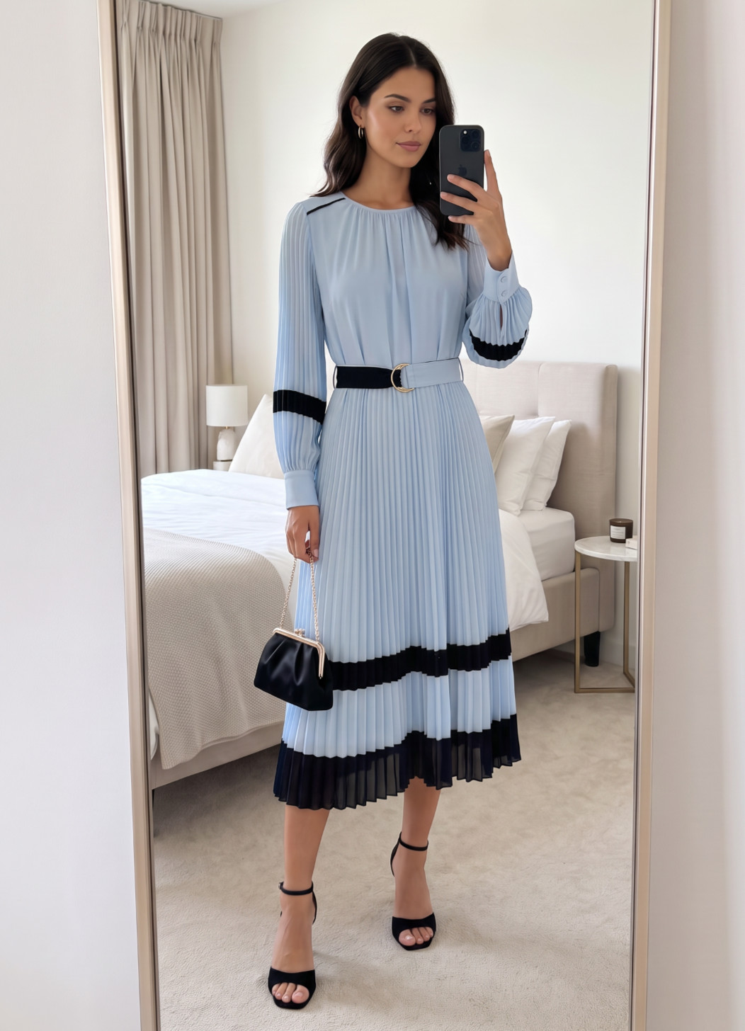 Reiss Tori Petite Light Blue Navy Long Sleeve D-Ring Belt Dress in Size 10