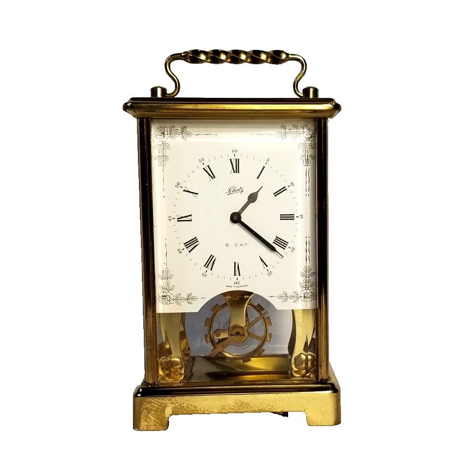 Vintage Schatz & Sohne 8-Day Brass Skeleton Brass Carriage Clock Bevel Glass