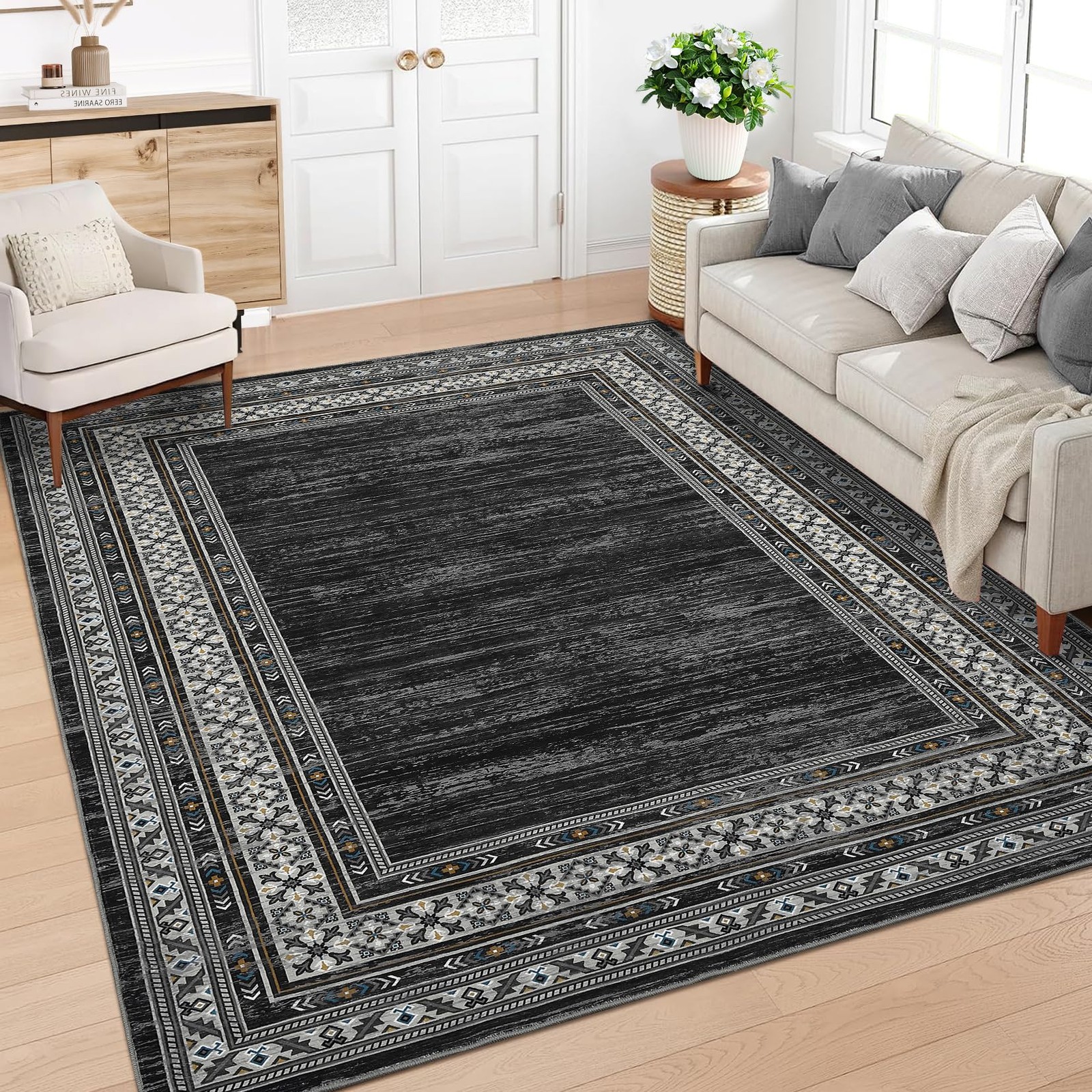 ✨Area Rug Living Room 8x10ft Vintage Bordered Washable Rugs Non Slip Soft Mats