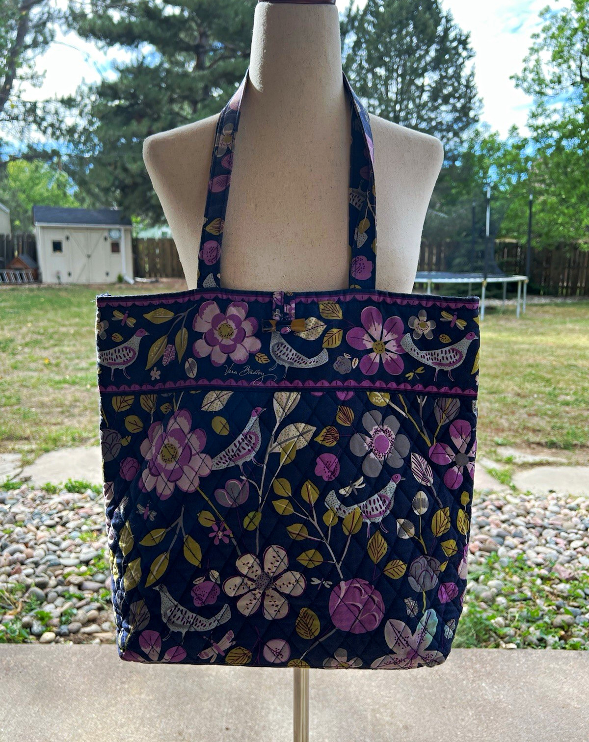 Vera Bradley Quilted Floral Bird Tote Bag Navy Purple Shoulder Strap Pockets