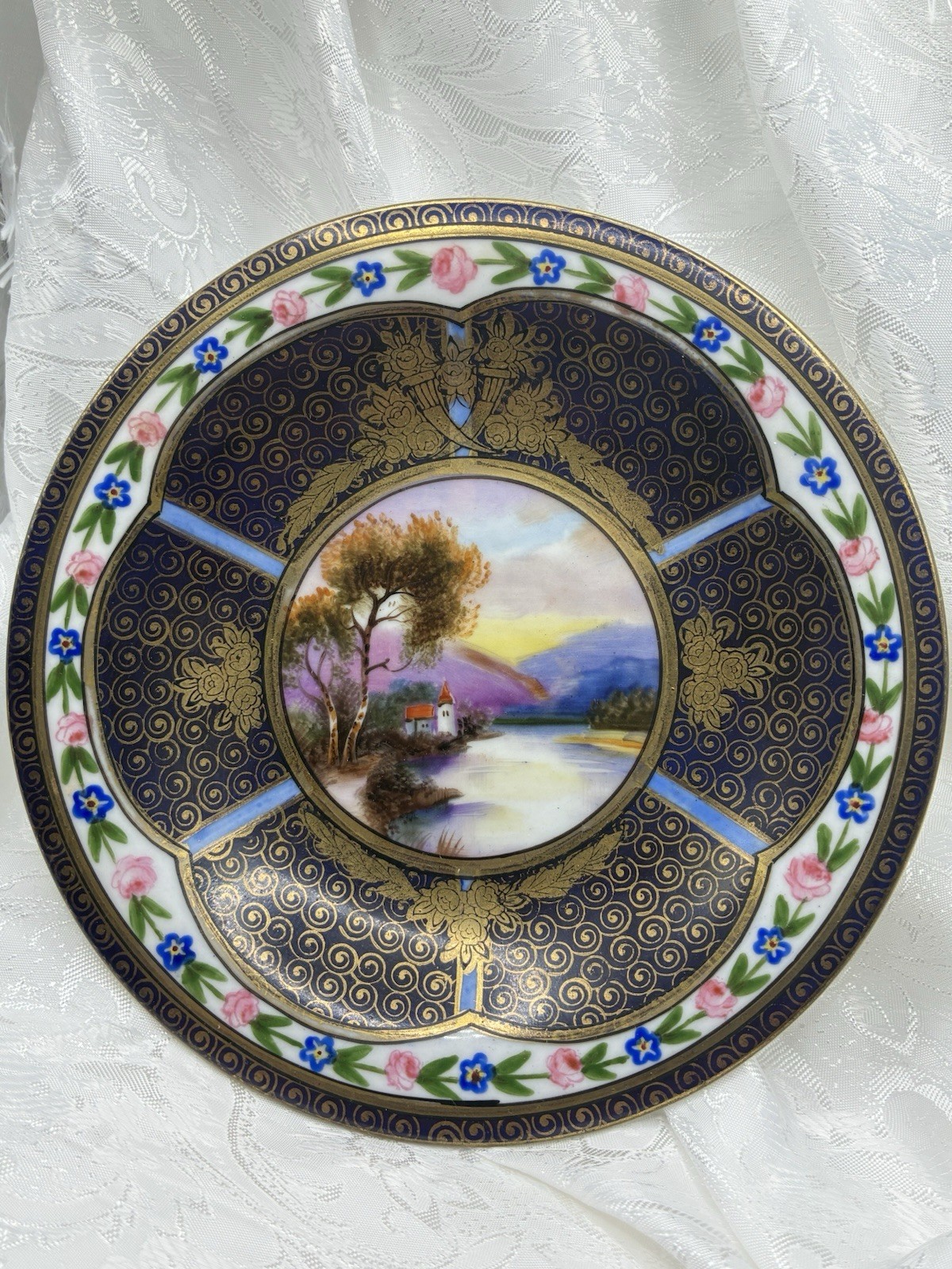 Vintage OLD NORITAKE Hand Painted SCENE Pedestal Bowl DARK BLUE GOLD
