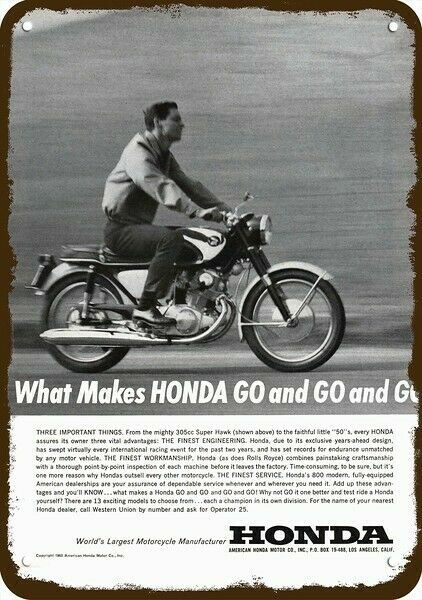 1963 HONDA SUPER HAWK 305cc MOTORCYCLE Vintge-Look DECORATIVE REPLICA METAL SIGN