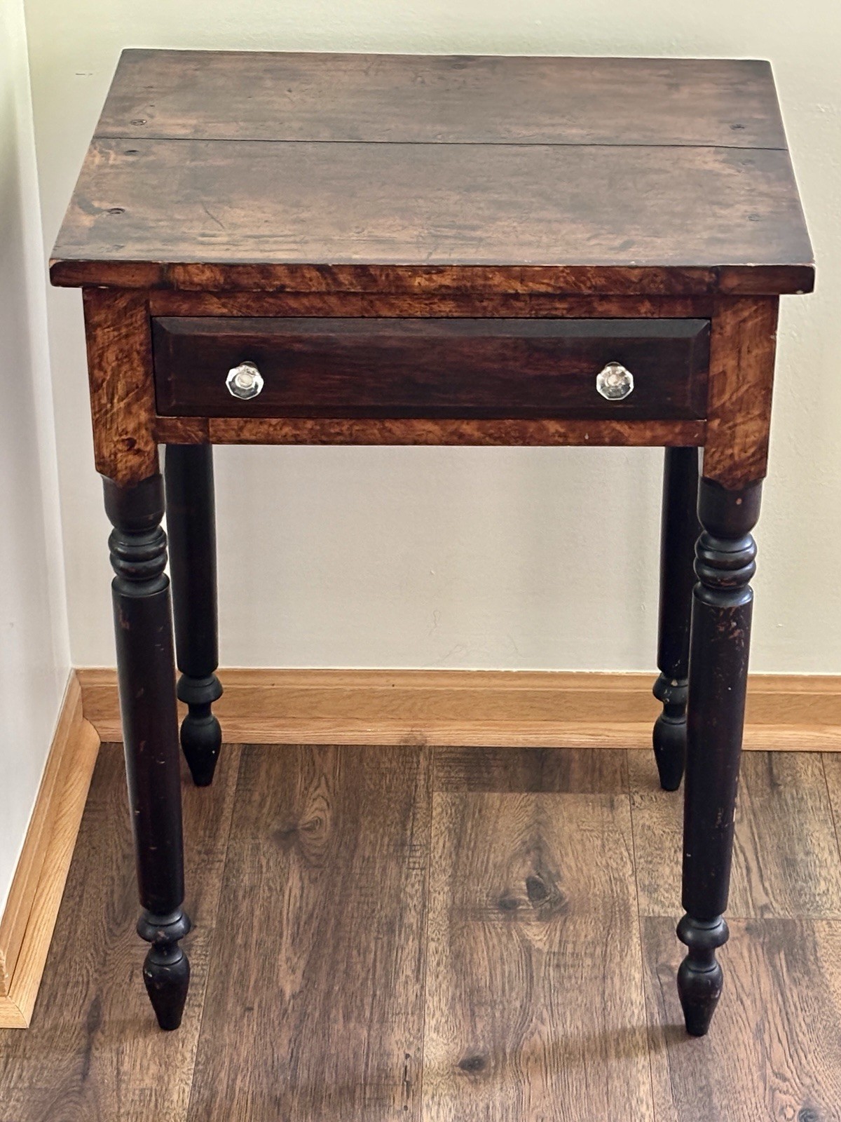 Antique 1850 American Empire Walnut Nightstand Burled Face Sandwich Glass Knobs