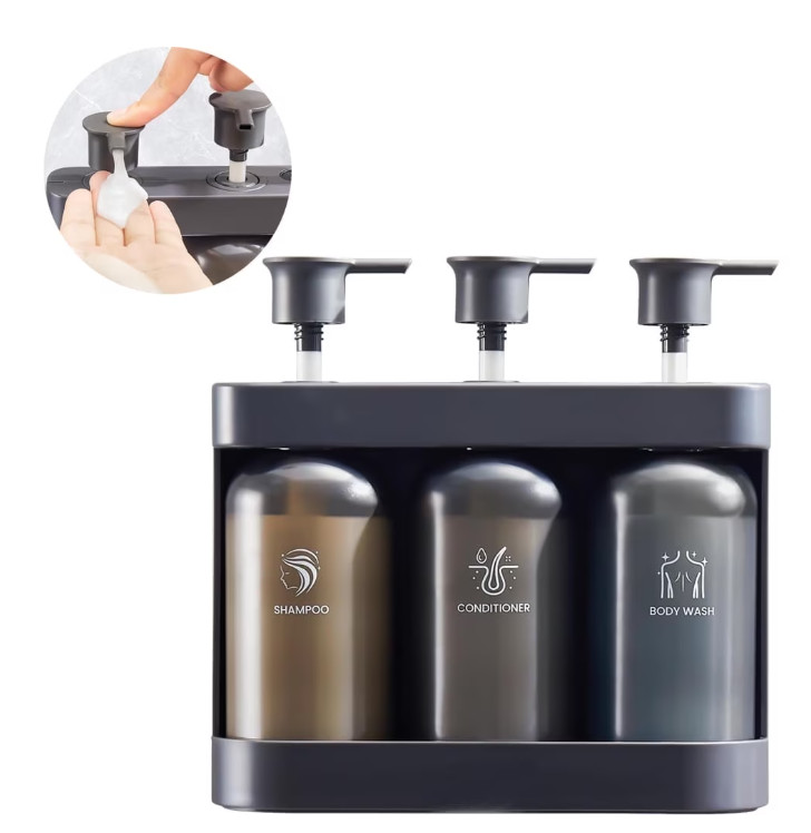 Dispensador de Jabón y Champú 3 Compartimentos 380ml Montaje Pared Sin Taladro