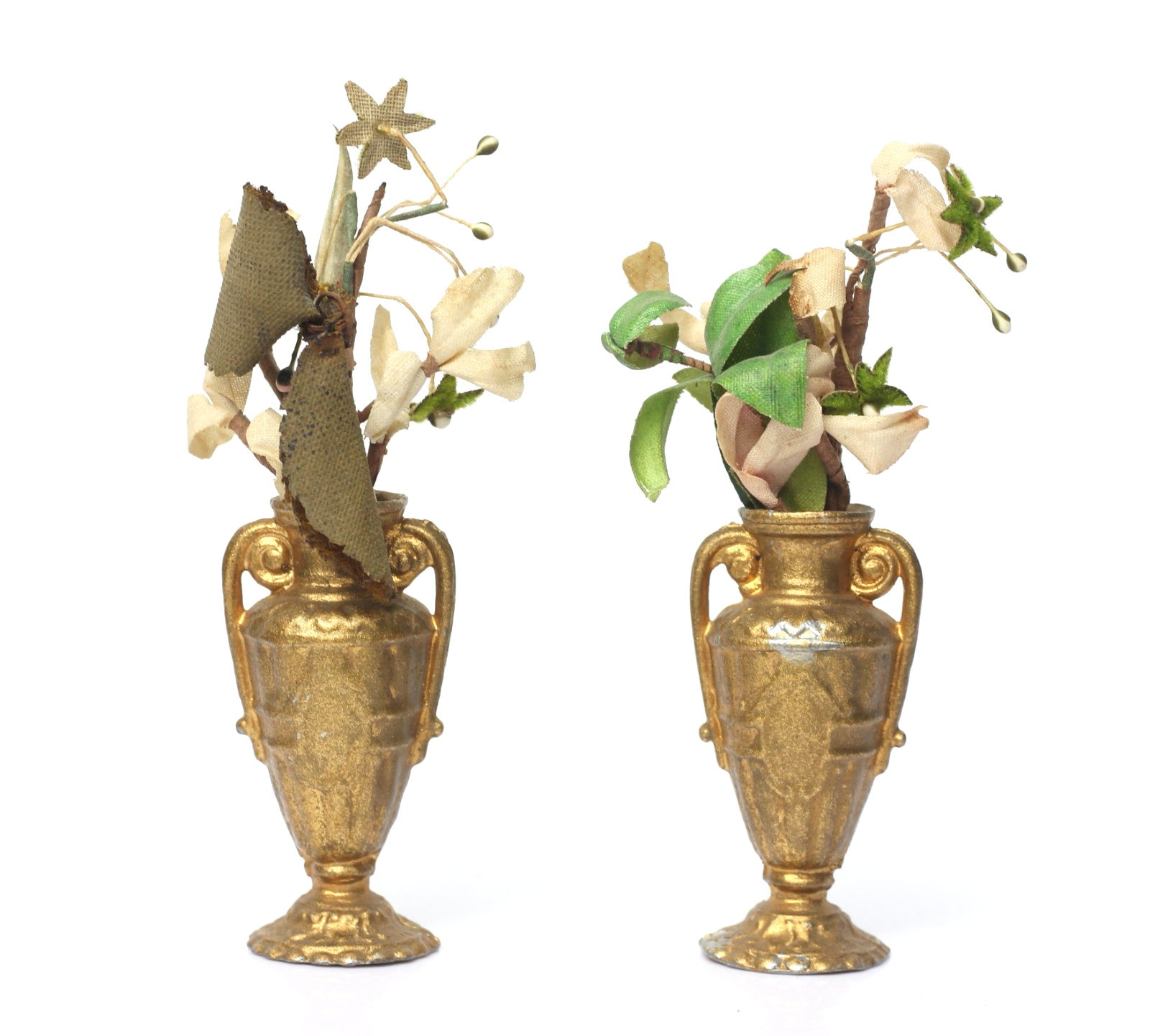 Pair Antique German Dollhouse Gerlach Gild Soft Metal Flower Vase Miniature