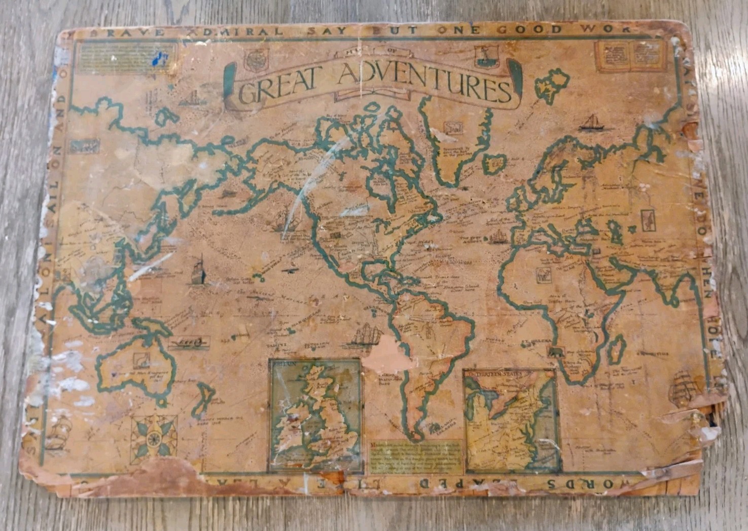RaRe GREAT ADVENTURE WORLD MAP PAYNE 1920 ANTIQUE MAP on BOARD PAUL M PAINE