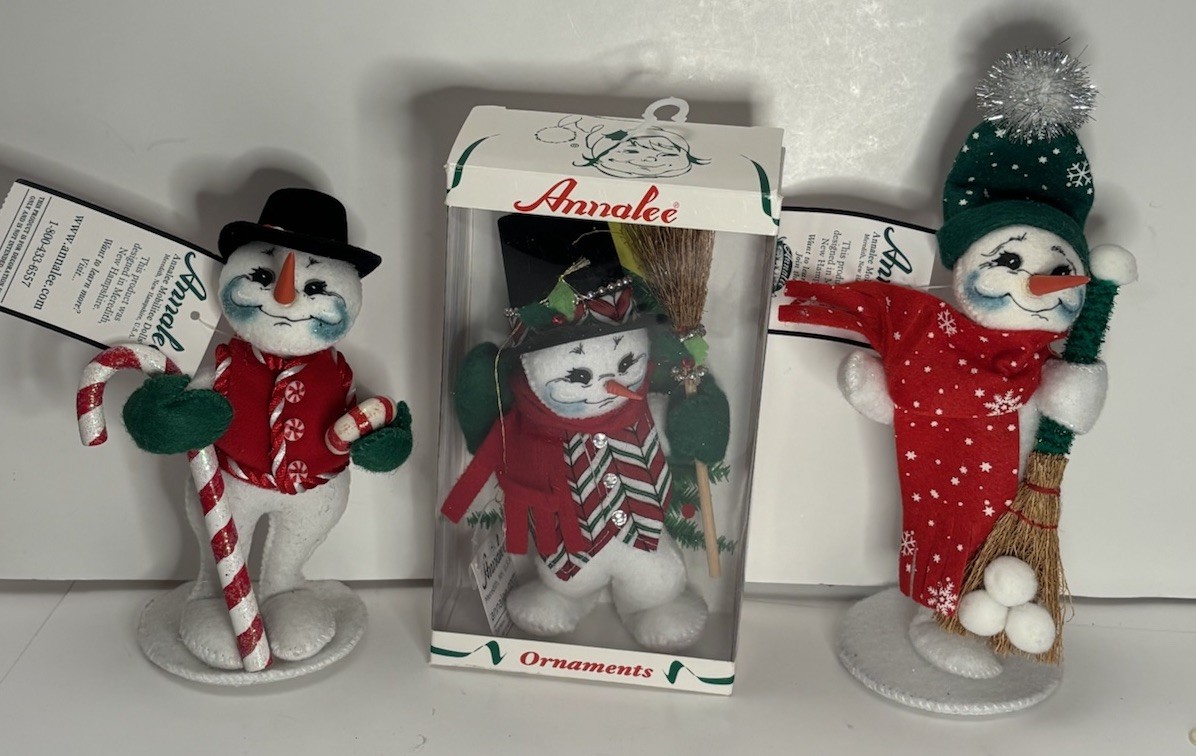 3 Annalee Snowman Candy, Classic & Peppermint Christmas Dolls w/ Tags Box