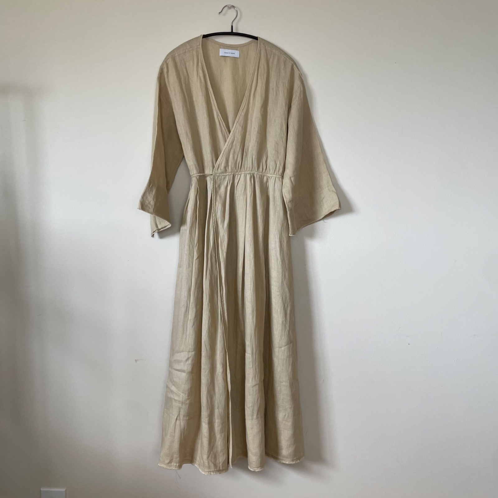 ADAM ET ROPE\' Linen Wrap Dress Wide Sleeve Tie Waist Natural Beige Women\'s OS