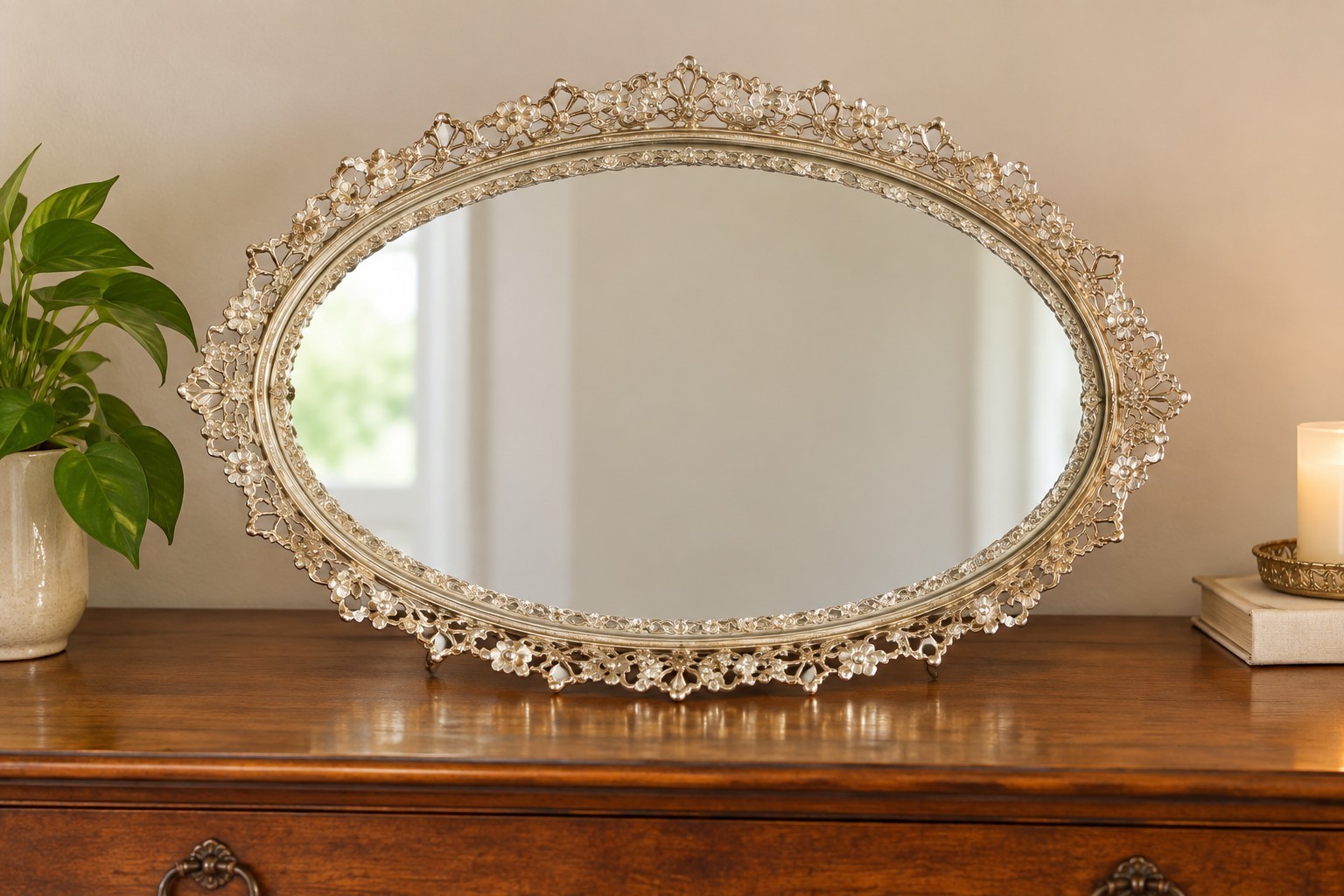 Vtg MCM Oval Mirror Tray Perfume Vanity Dresser Gold Filigree 13x9\ Vtg MCM Oval Mirror Tray Perfume Vanity Dresser Gold Filigree 13x9\