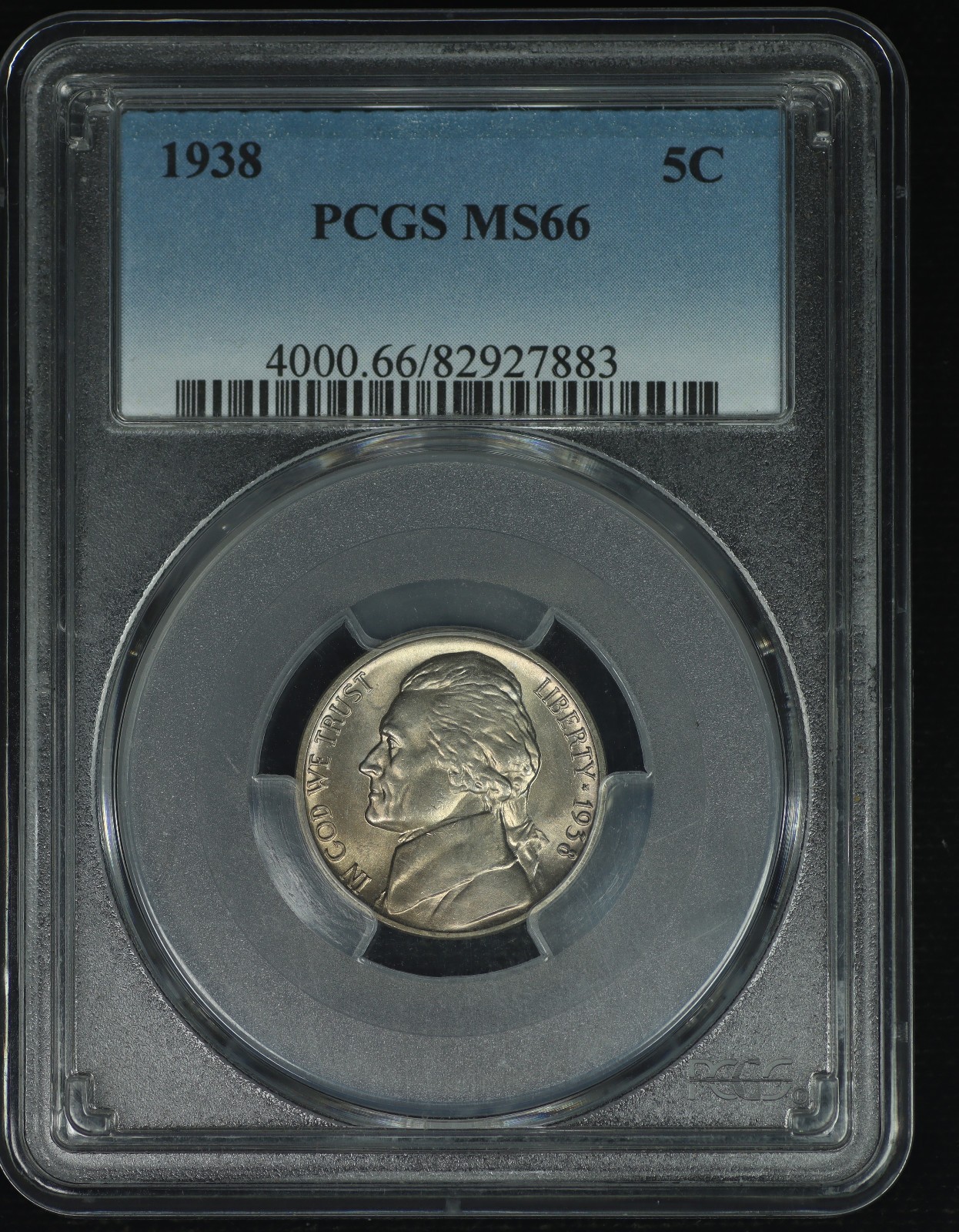 Jefferson Nickel. 1938 P. PCGS MS66. Lot # 9066-398-883