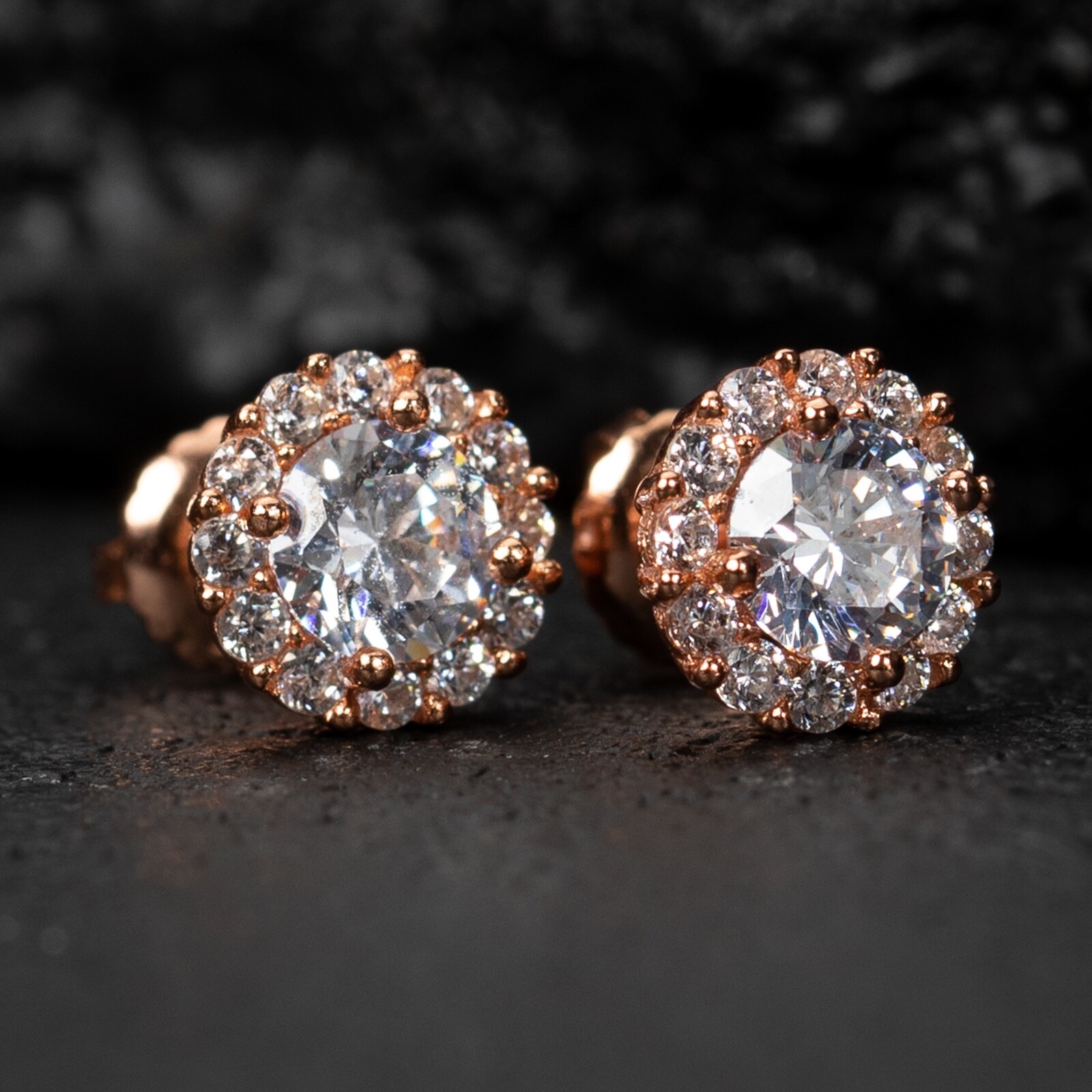 Elegant Round Cut Halo Rose Gold 925 Sterling Silver Unisex Small Stud Earrings