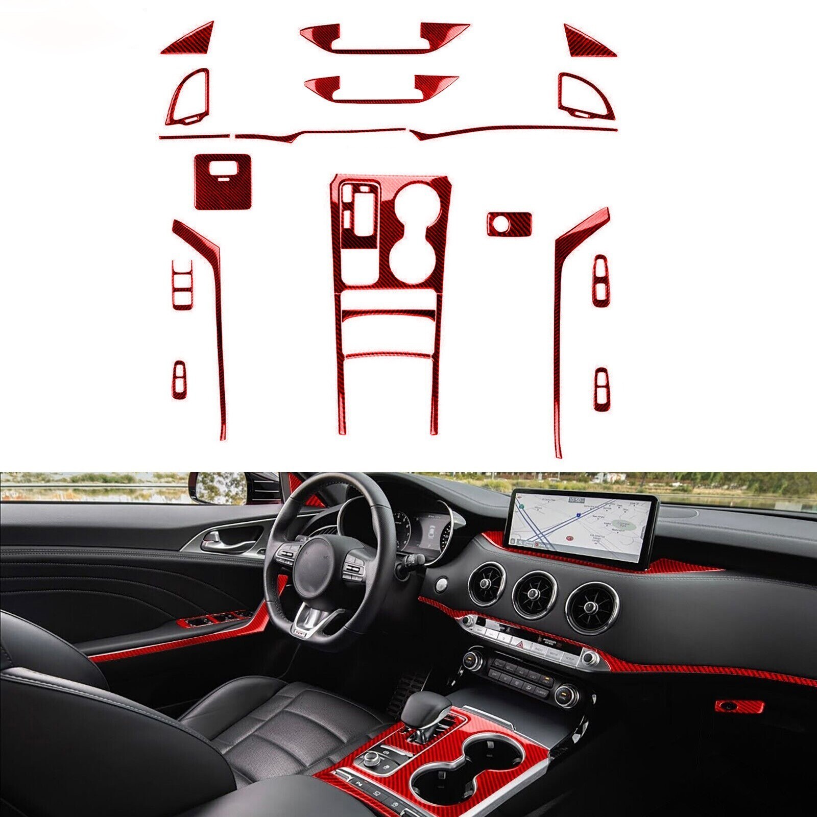 23Pcs Red Carbon Fiber Kits Full Interior Dash Trim For Kia Stinger GT 2018-2023