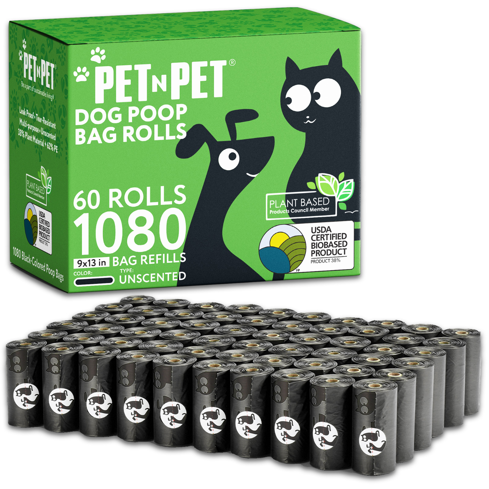 PET N PET 1080 Counts Black Dog Poop Bag Rolls 38% Plant Based 62% PE Waste Bags PET N PET 1080 Counts Black Dog Poop Bag Rolls 38% Plant Based 62% PE Waste Bags