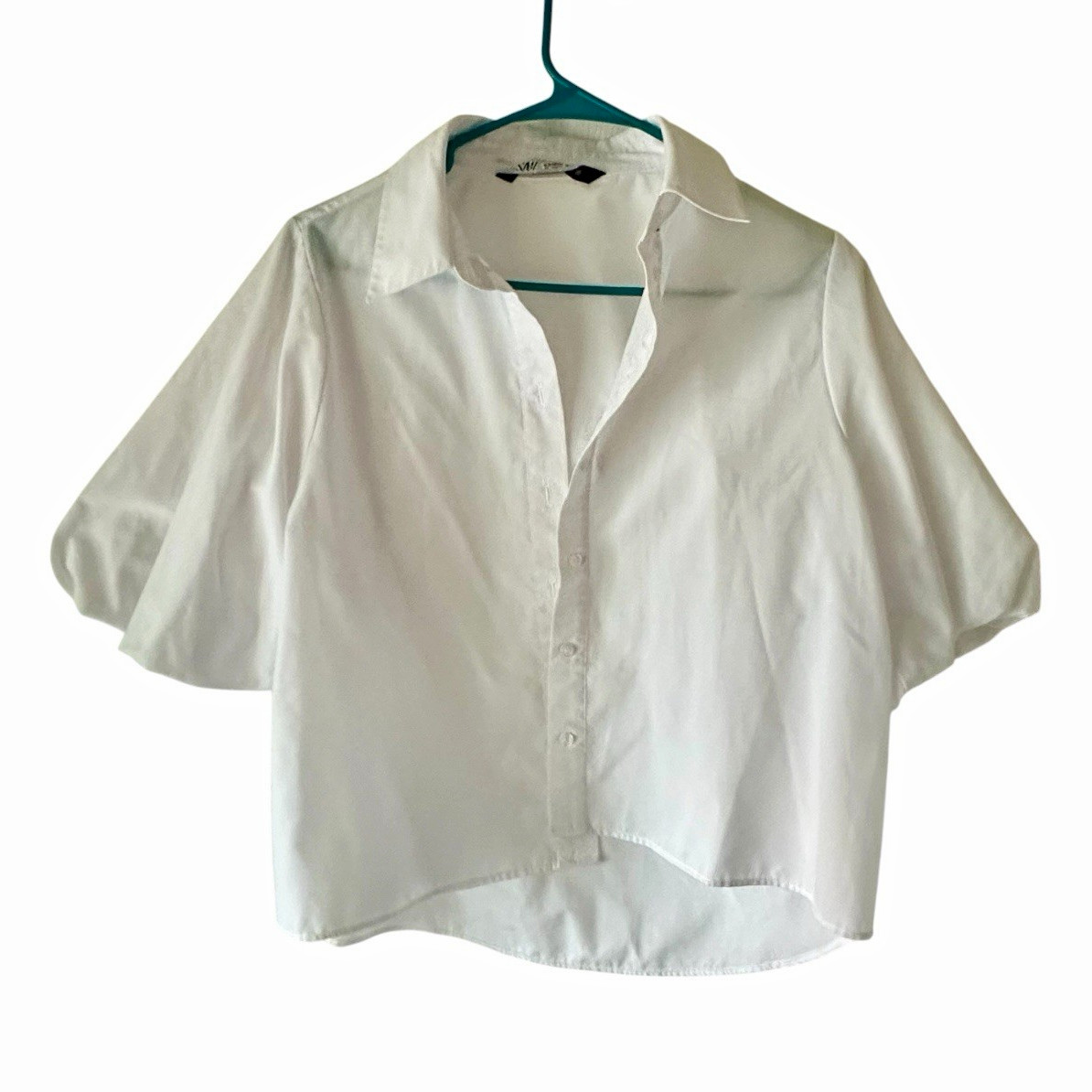 ZARA White Cotton Woven Collared Button-Up Puff Short Sleeve Blouse M