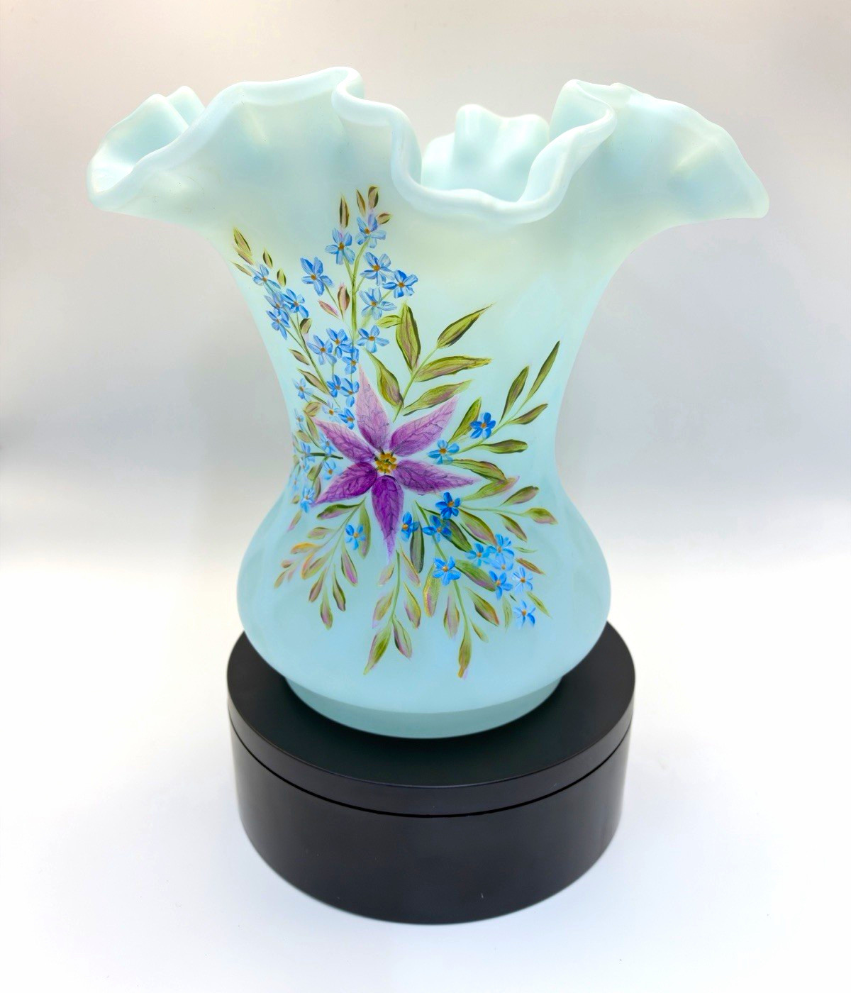 Vtg Fenton satin blue diamond quilted 6” vase h/p by Vicki Curren 2023 OOAK