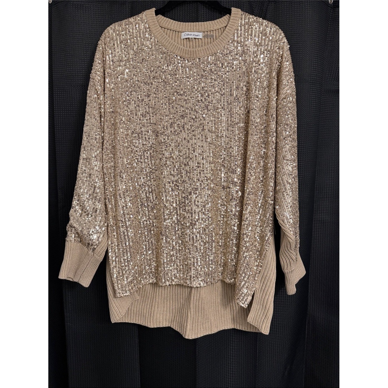 Calvin Klein WMN\'s Taupe Sequin Sweater w/side slits hgh/low NWT Sz XL