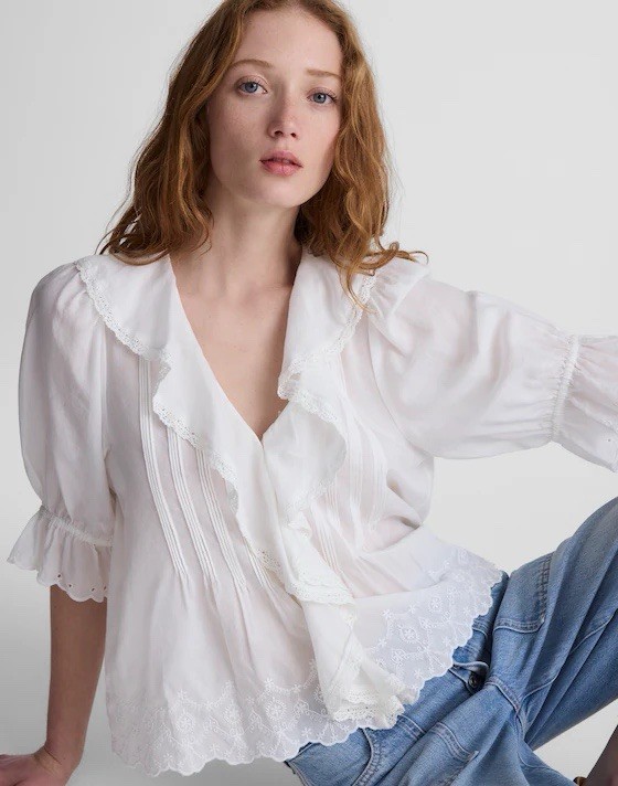 NWT Madewell Blaire Top SzXL White V-neck Ruffle Button-down Puff Sleeve