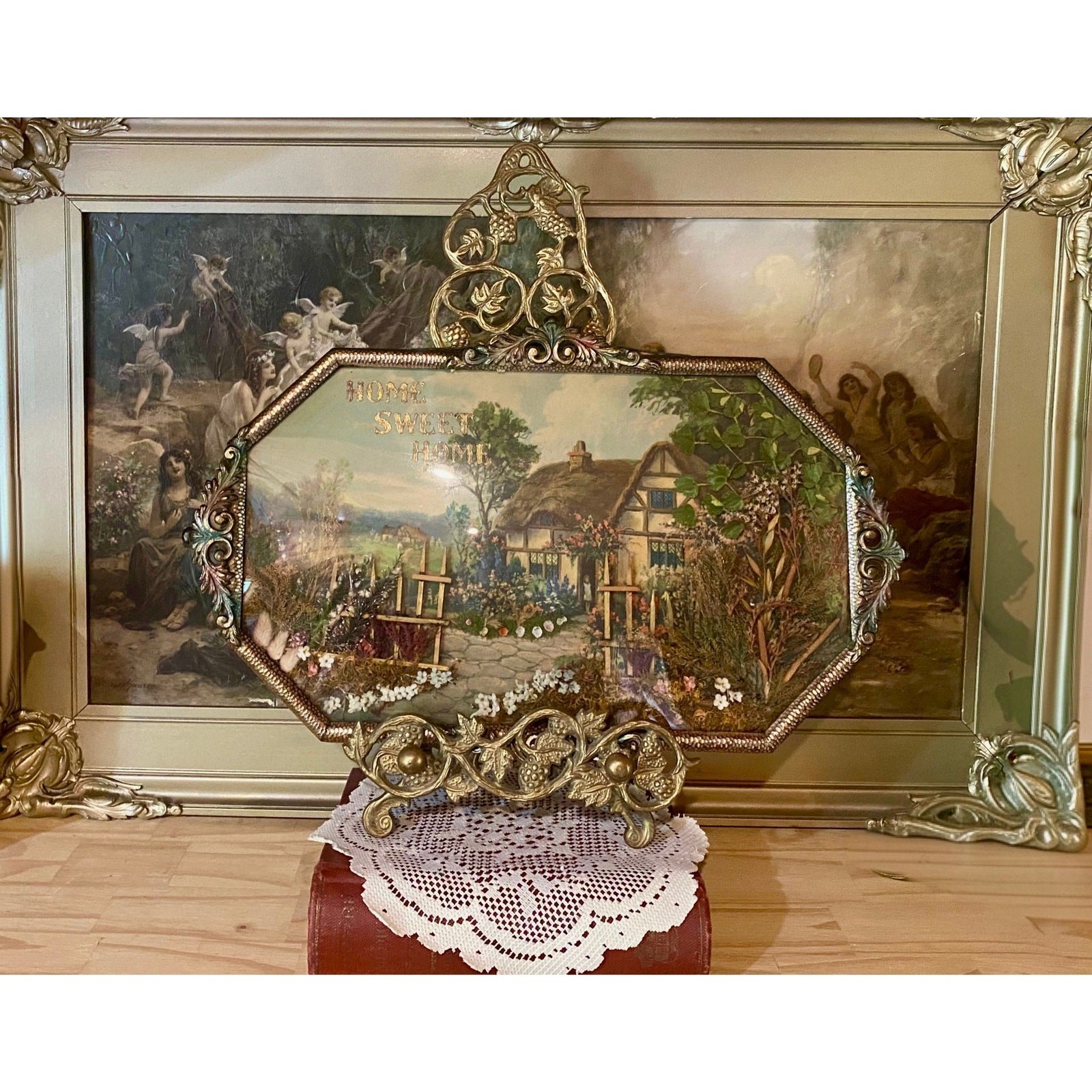 Antique 1800s Bubble Glass Home Sweet Home Cottage Picture 13x20